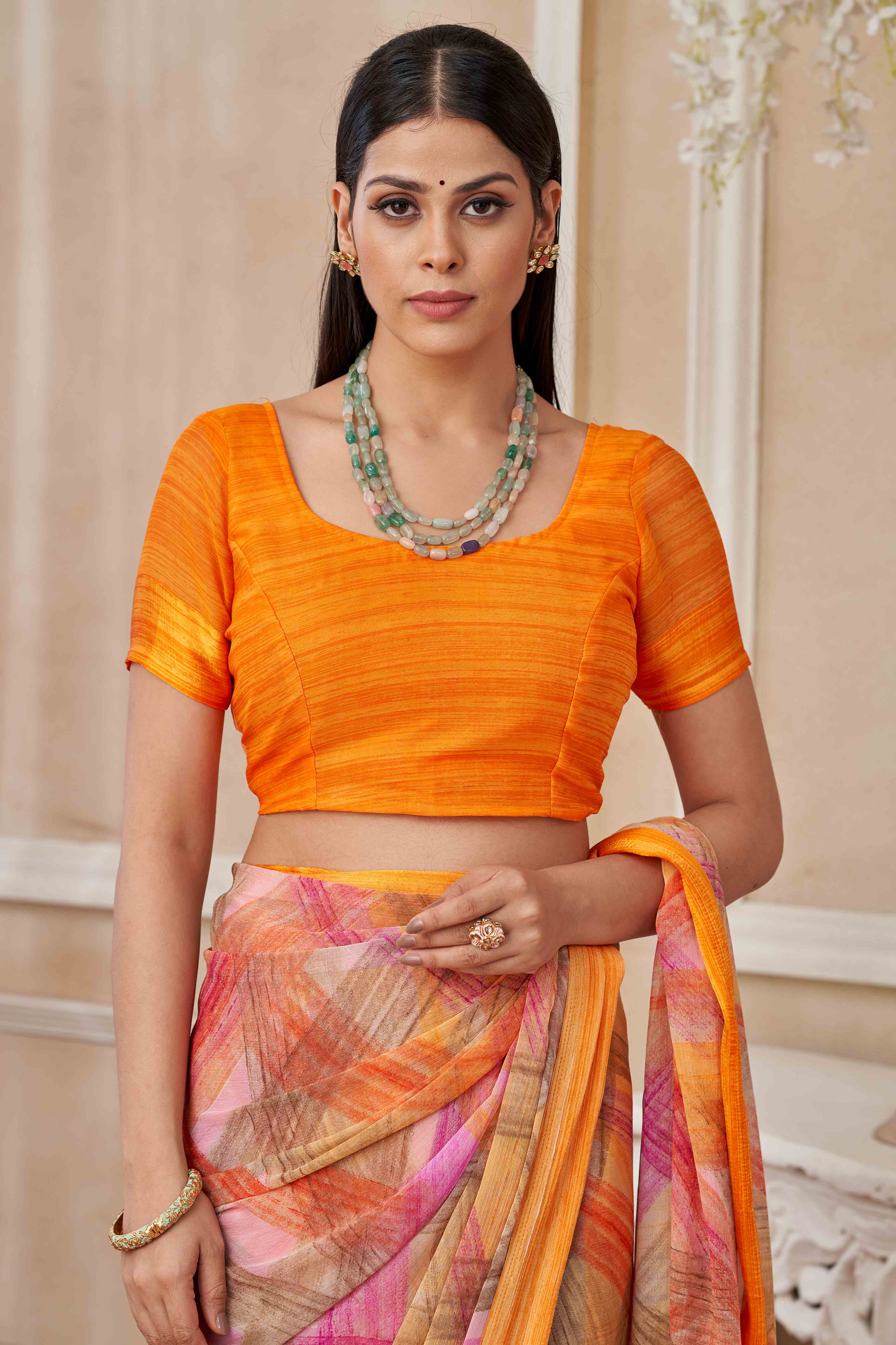 Orange Chiffon Saree With Delicate Prints & Elegant Satin Woven Border - Image 4