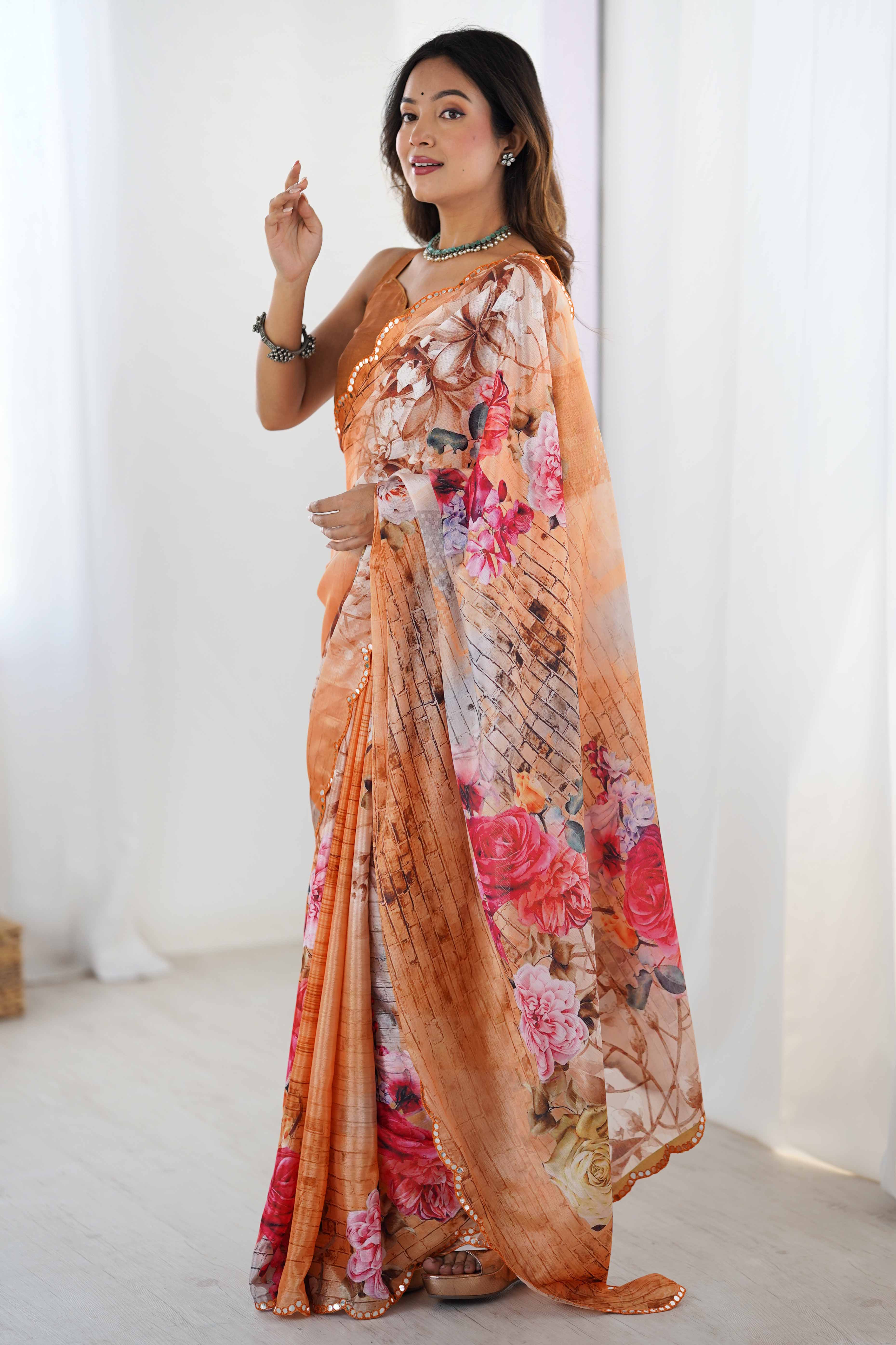 Orange Chinon Saree with Glimmering Mirror Work and Floral Prints - Image 6