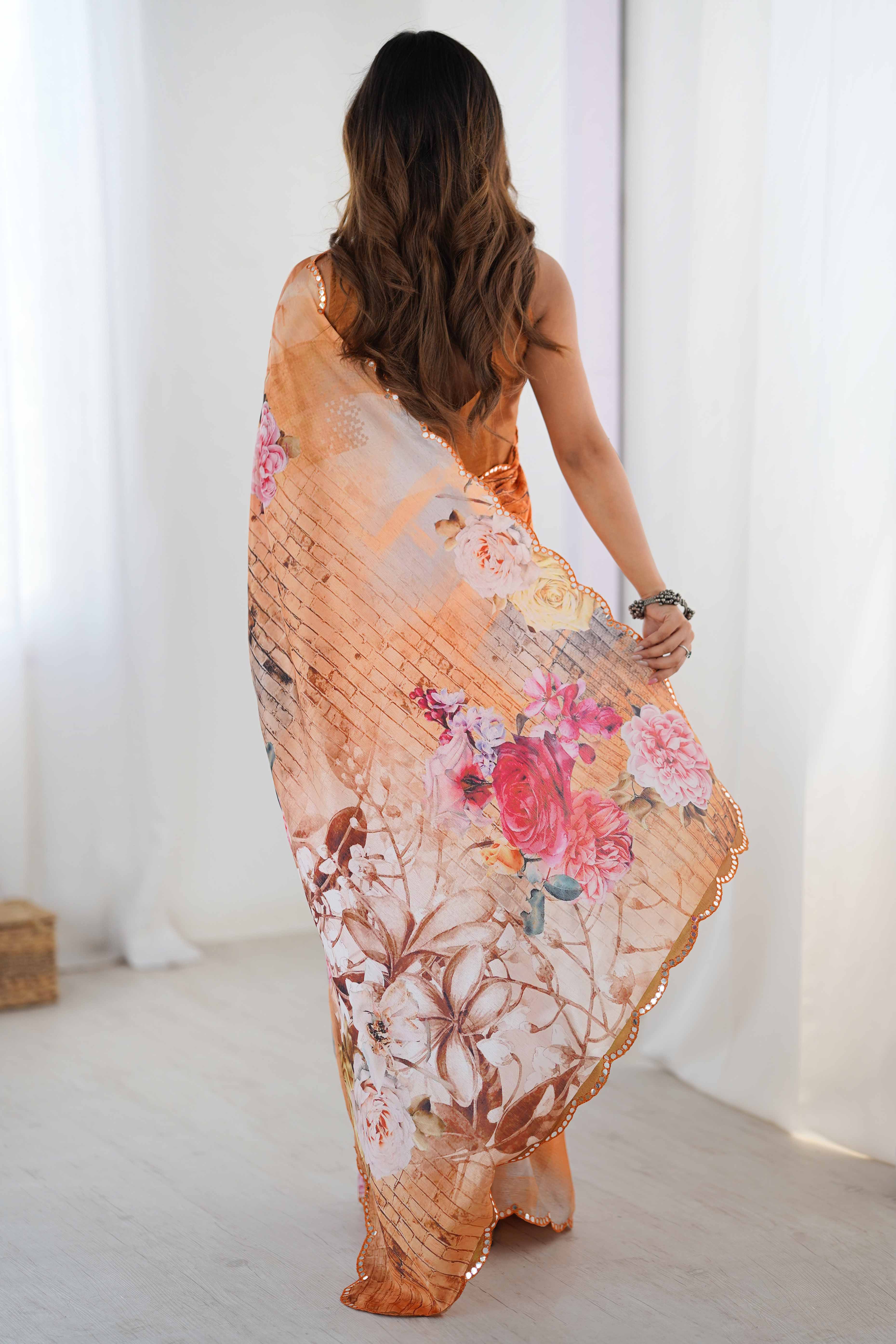 Orange Chinon Saree with Glimmering Mirror Work and Floral Prints - Image 7