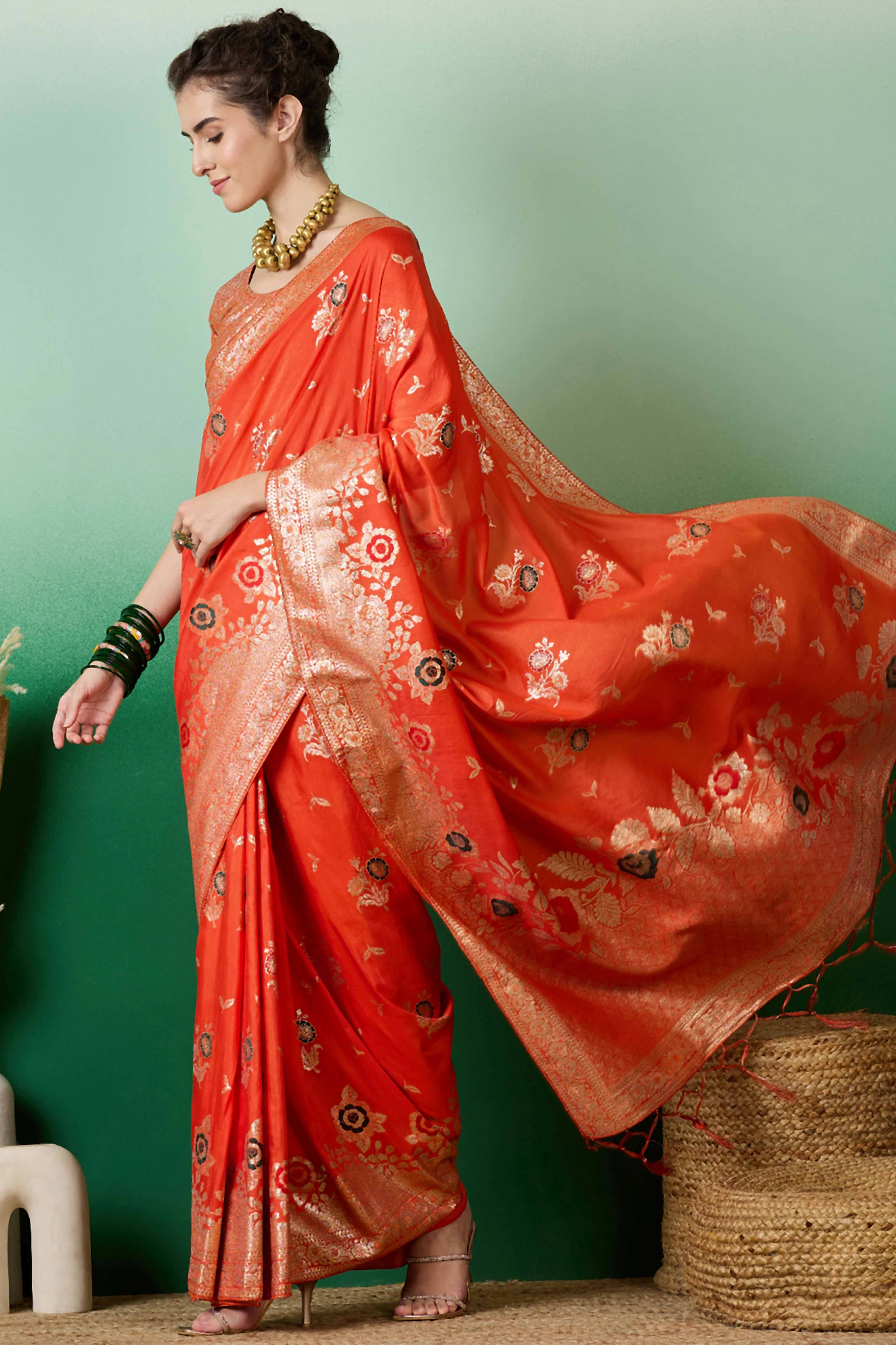 Orange Cotton Blend Saree Embellished With Floral Zari Weaving & Tasselled Pallu - Image 4