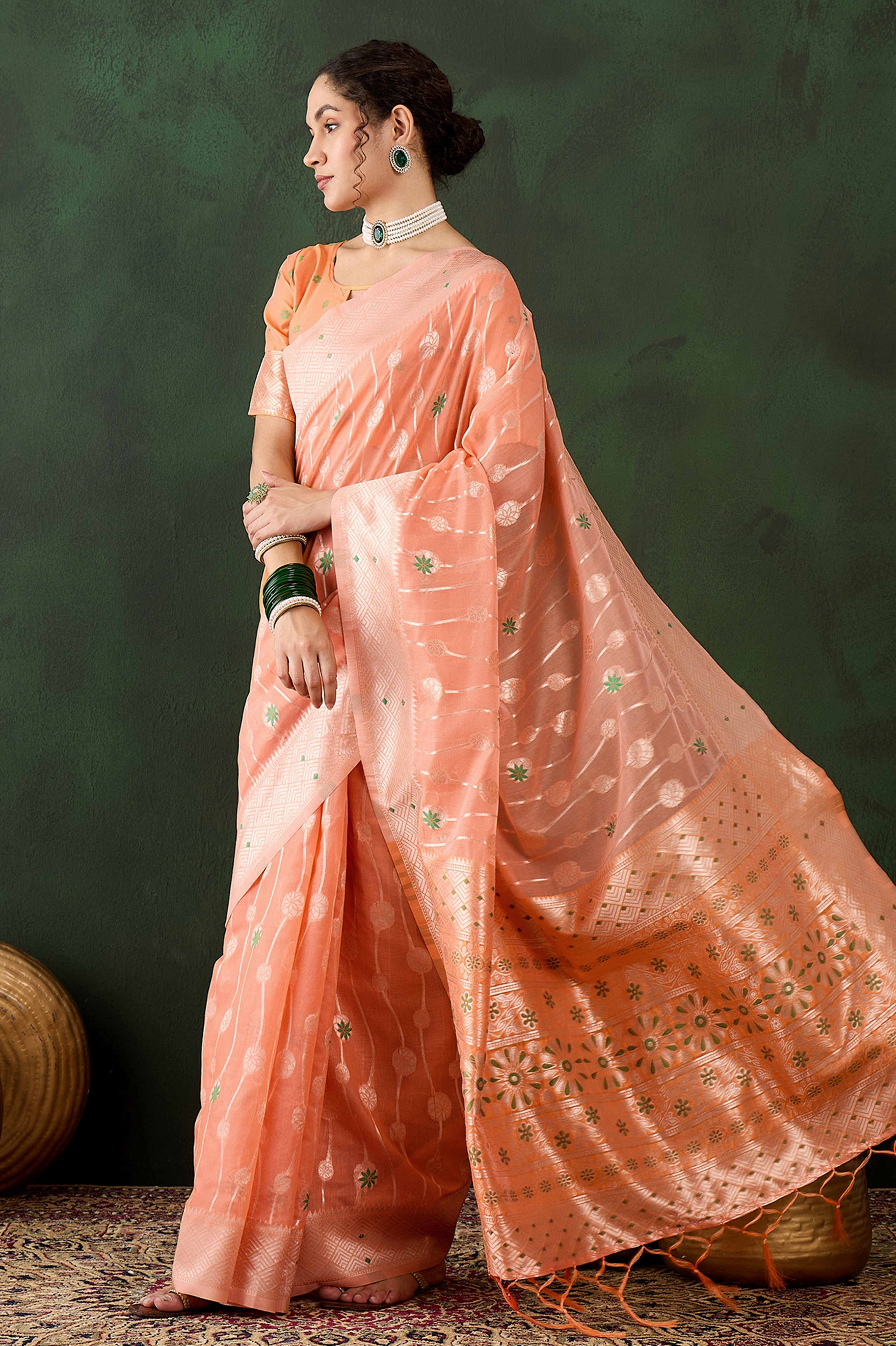 Orange Cotton Blend Saree Adorned With Intricate Floral Zari Weaving & A Stylish Tassel Pallu - Image 3