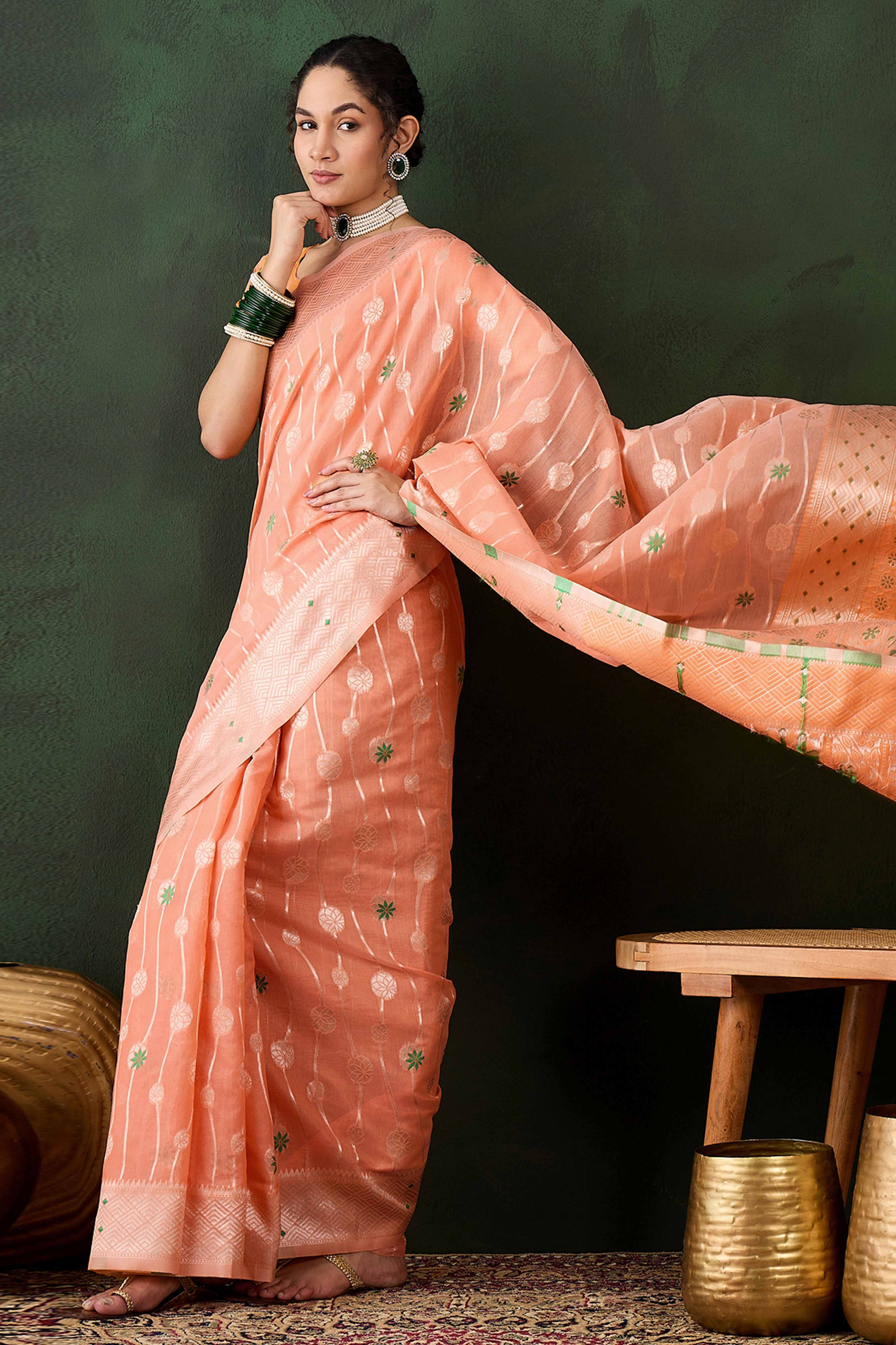 Orange Cotton Blend Saree Adorned With Intricate Floral Zari Weaving & A Stylish Tassel Pallu - Image 4