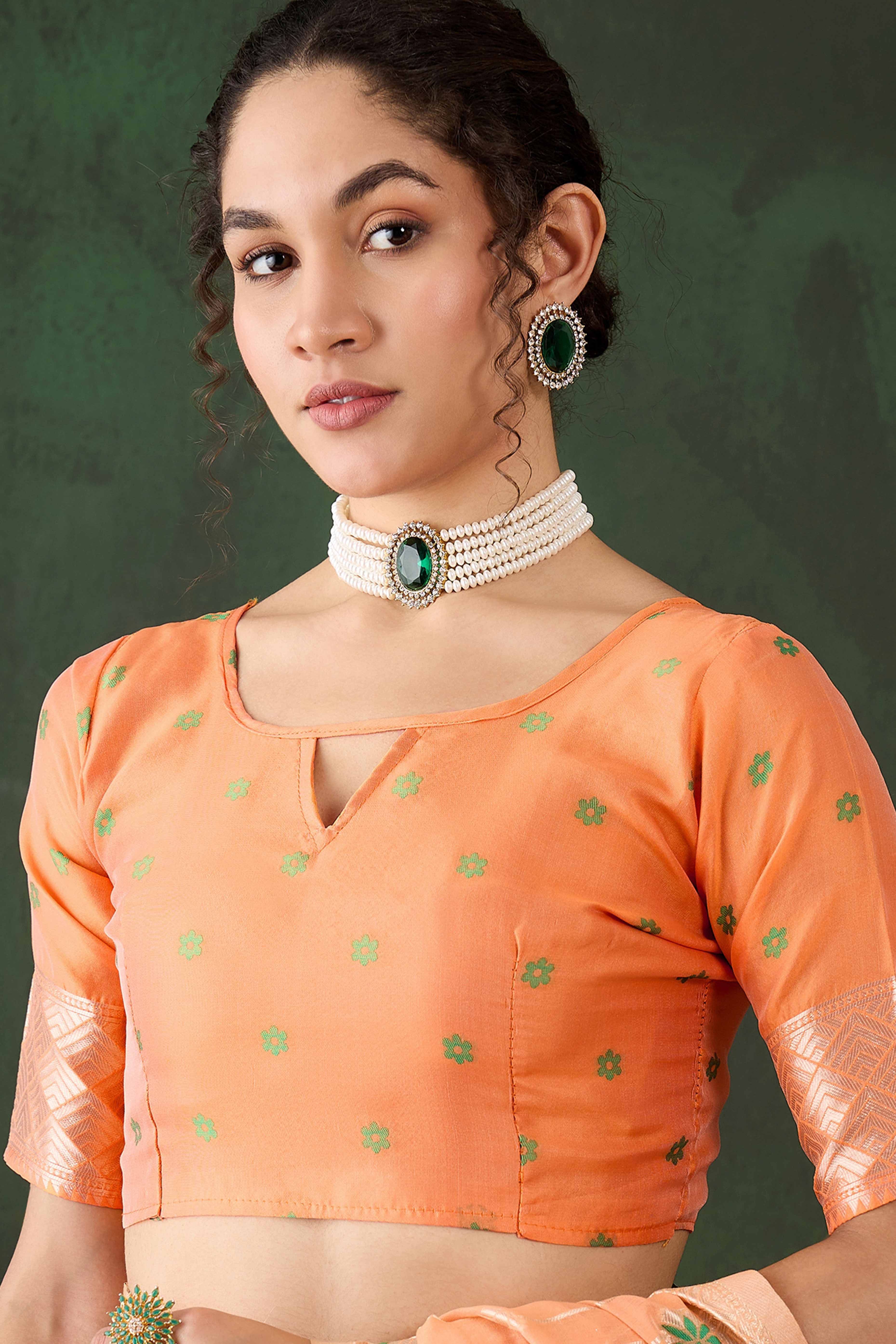 Orange Cotton Blend Saree Adorned With Intricate Floral Zari Weaving & A Stylish Tassel Pallu - Image 7