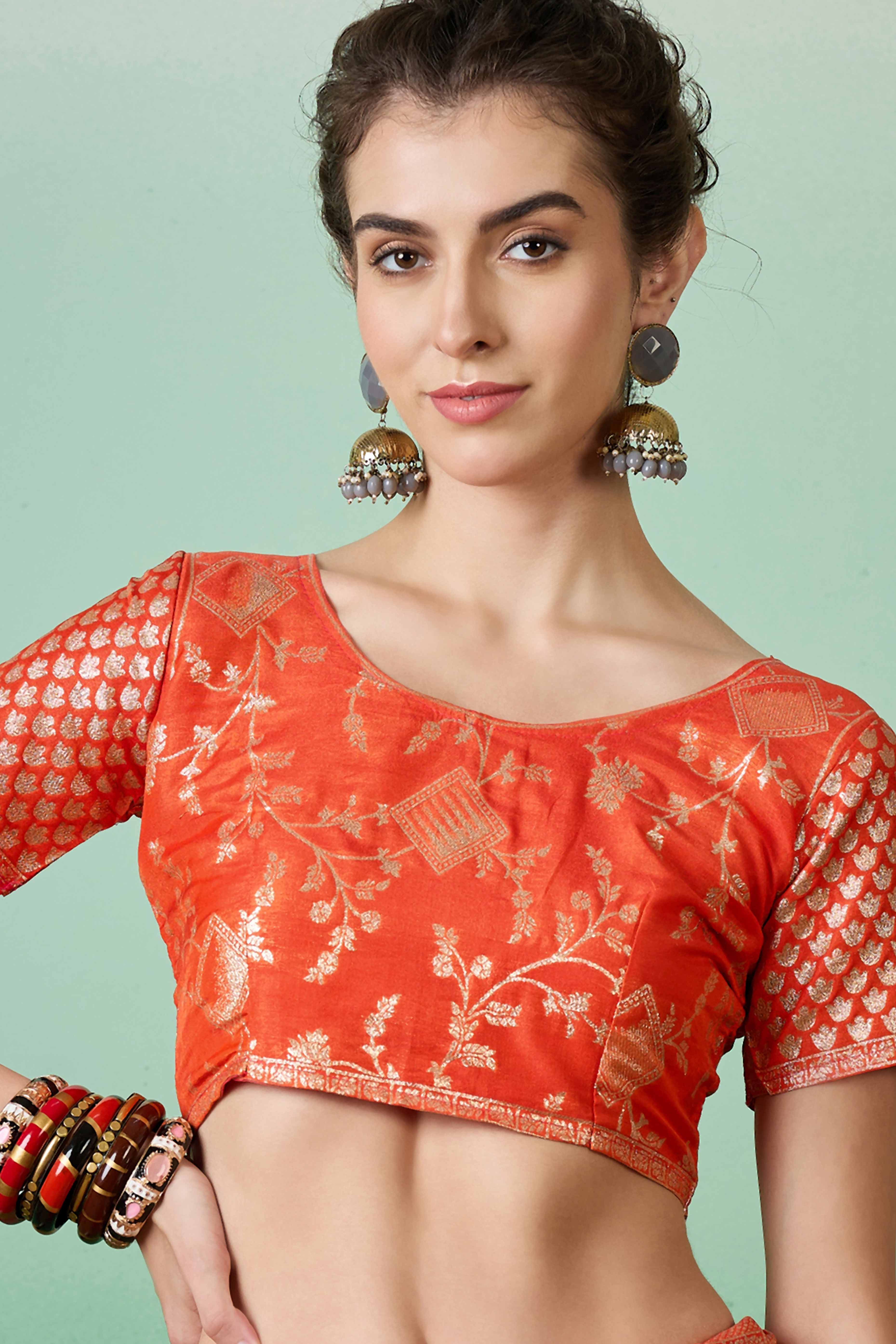 Orange Cotton Blend Saree With Intricate Floral Zari Weaving & Soft Tassel - Image 6