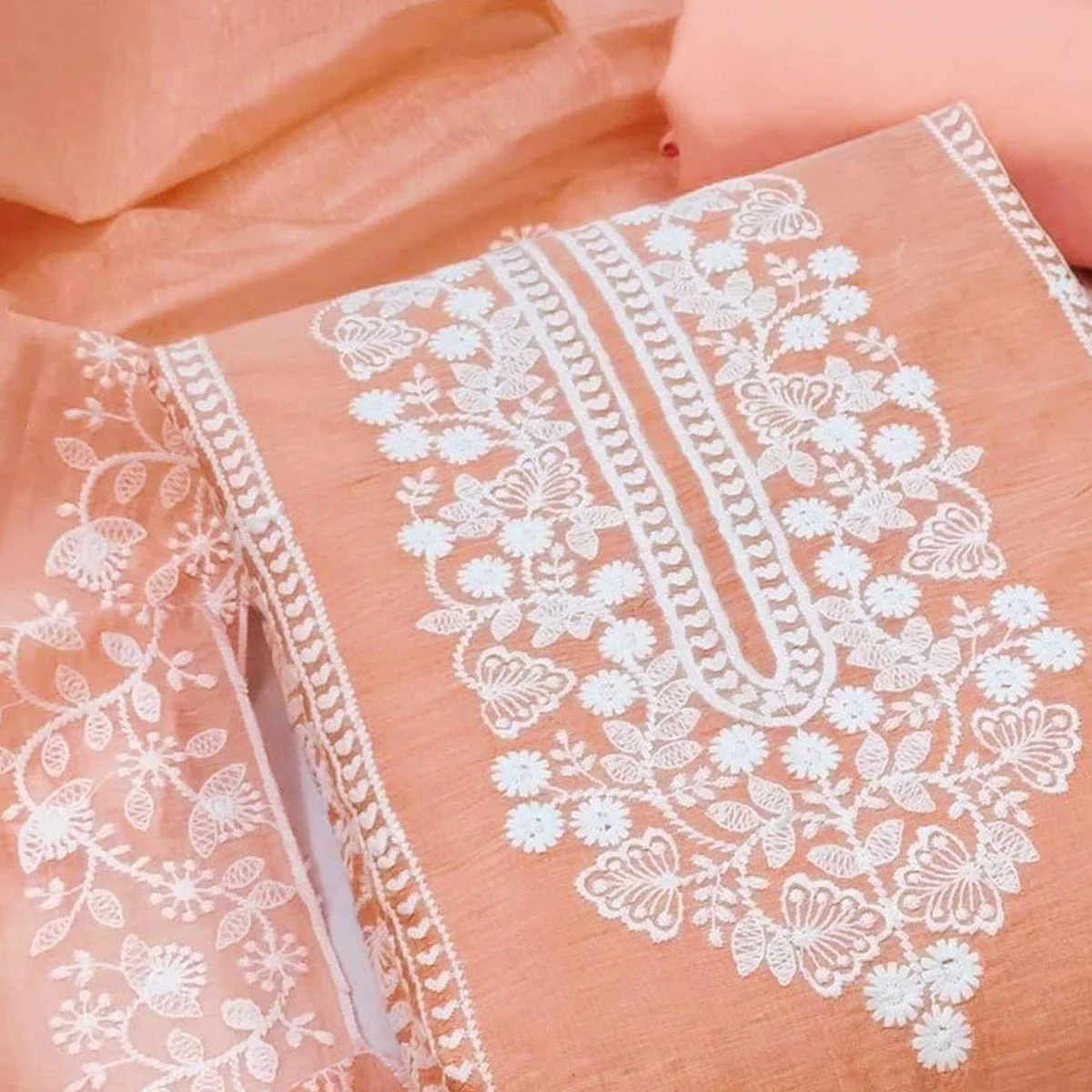 Orange Cotton Blend Unstitched Suit Set Highlighted with Soft Floral Embroidery - Image 2