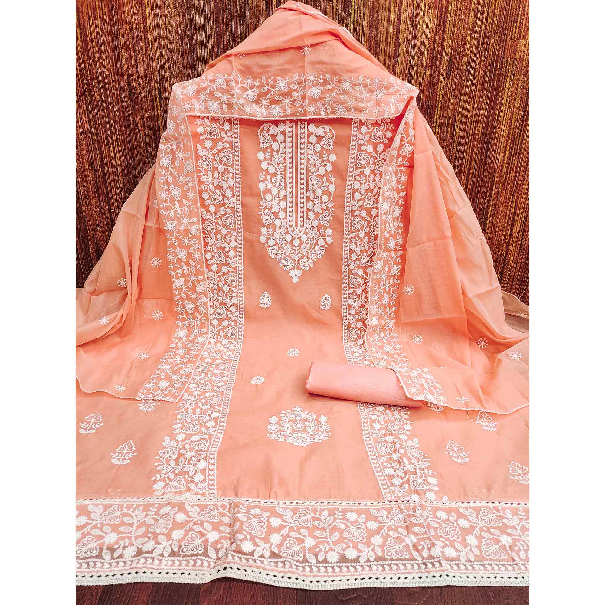 Orange Cotton Blend Unstitched Suit Set Highlighted with Soft Floral Embroidery - Image 3