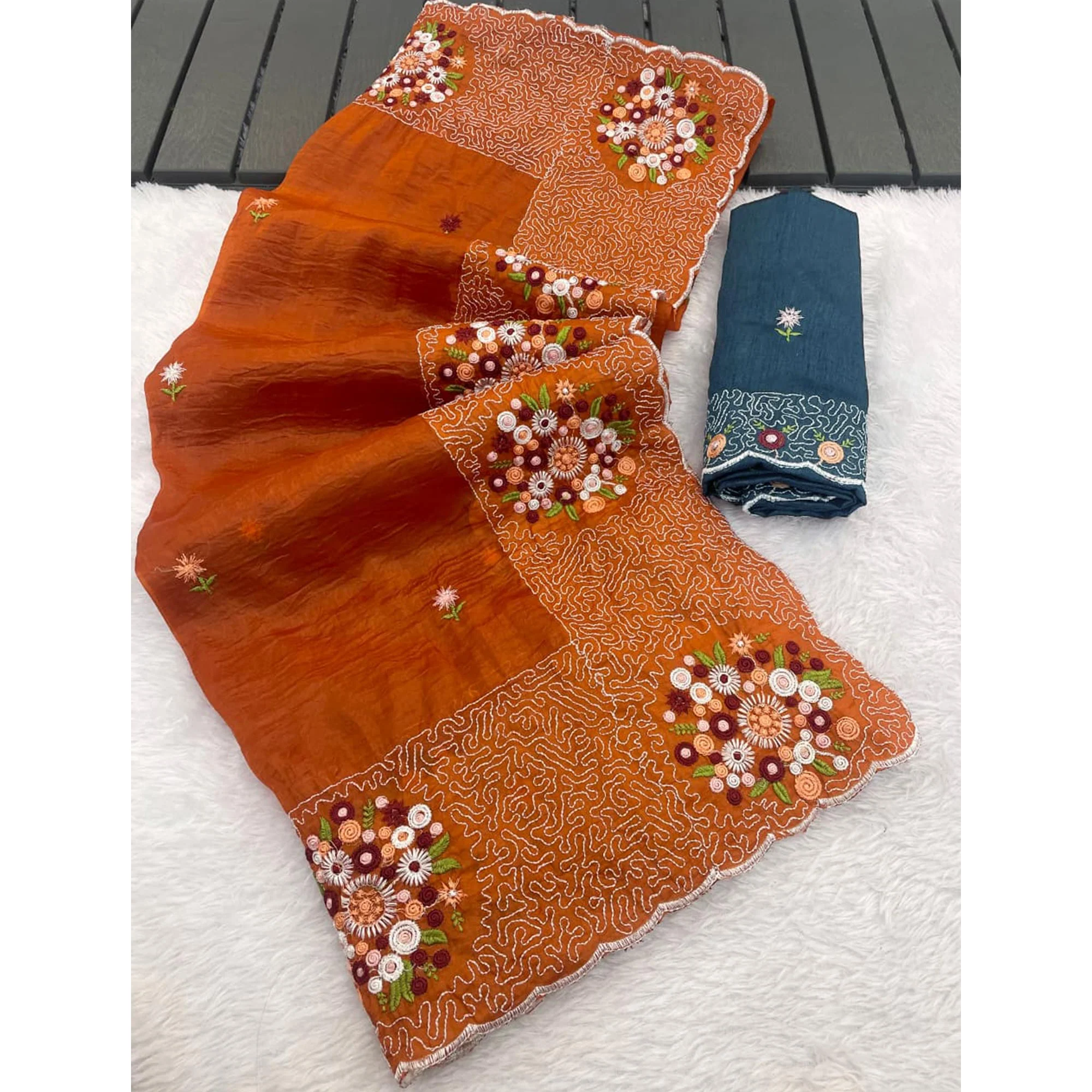 Orange Cotton Silk Saree with Beautiful Floral Embroidery for Parties & Celebrations - Image 3