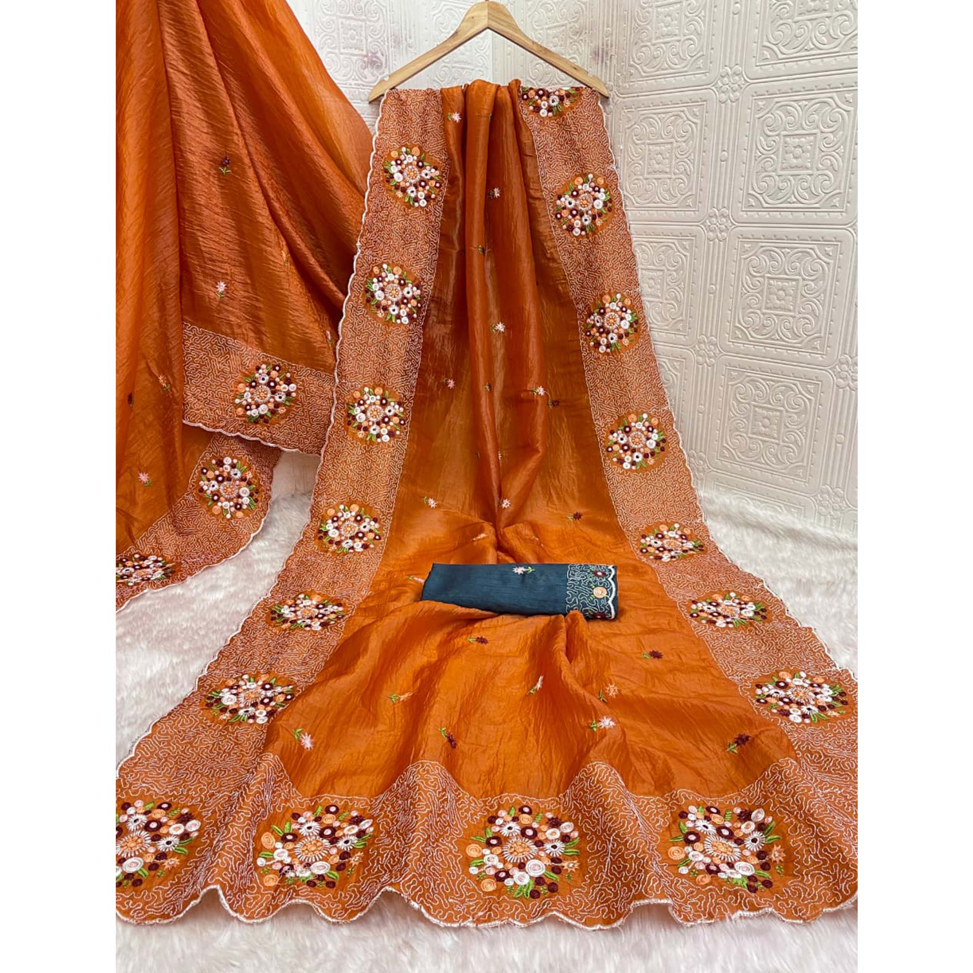 Orange Cotton Silk Saree with Beautiful Floral Embroidery for Parties & Celebrations - Image 4