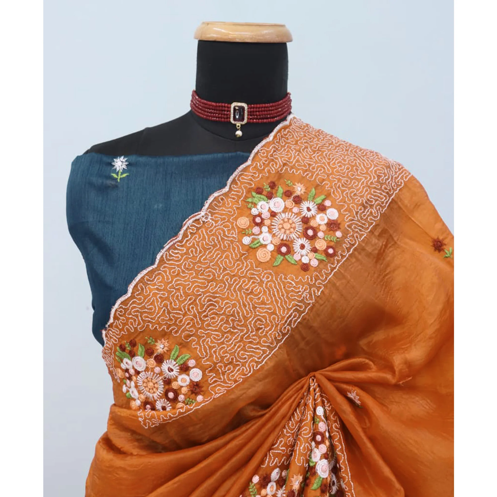 Orange Cotton Silk Saree with Beautiful Floral Embroidery for Parties & Celebrations - Image 9