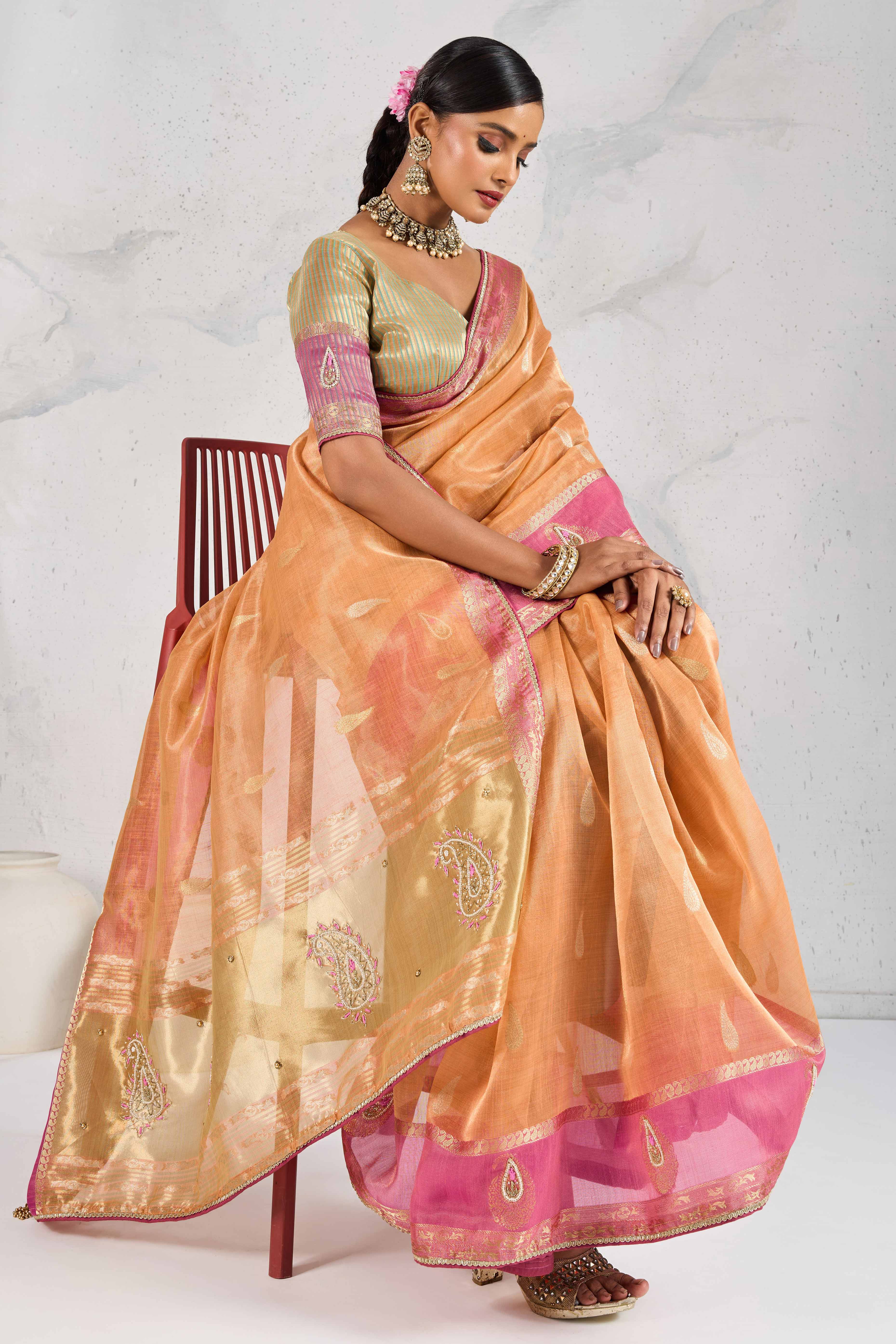 Orange Designer Tissue Linen Woven Saree with Luxe Zari and Beads Work - Image 4