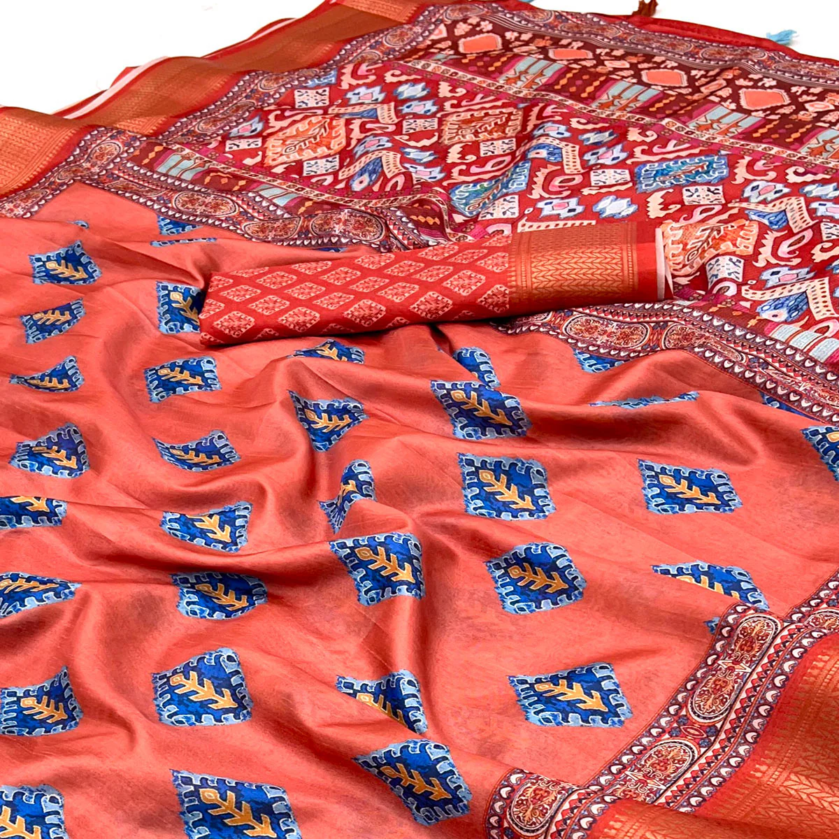 Orange Digital Printed Dola Silk Saree Adorned With Zari Weaving Border & Tassel Pallu - Image 2