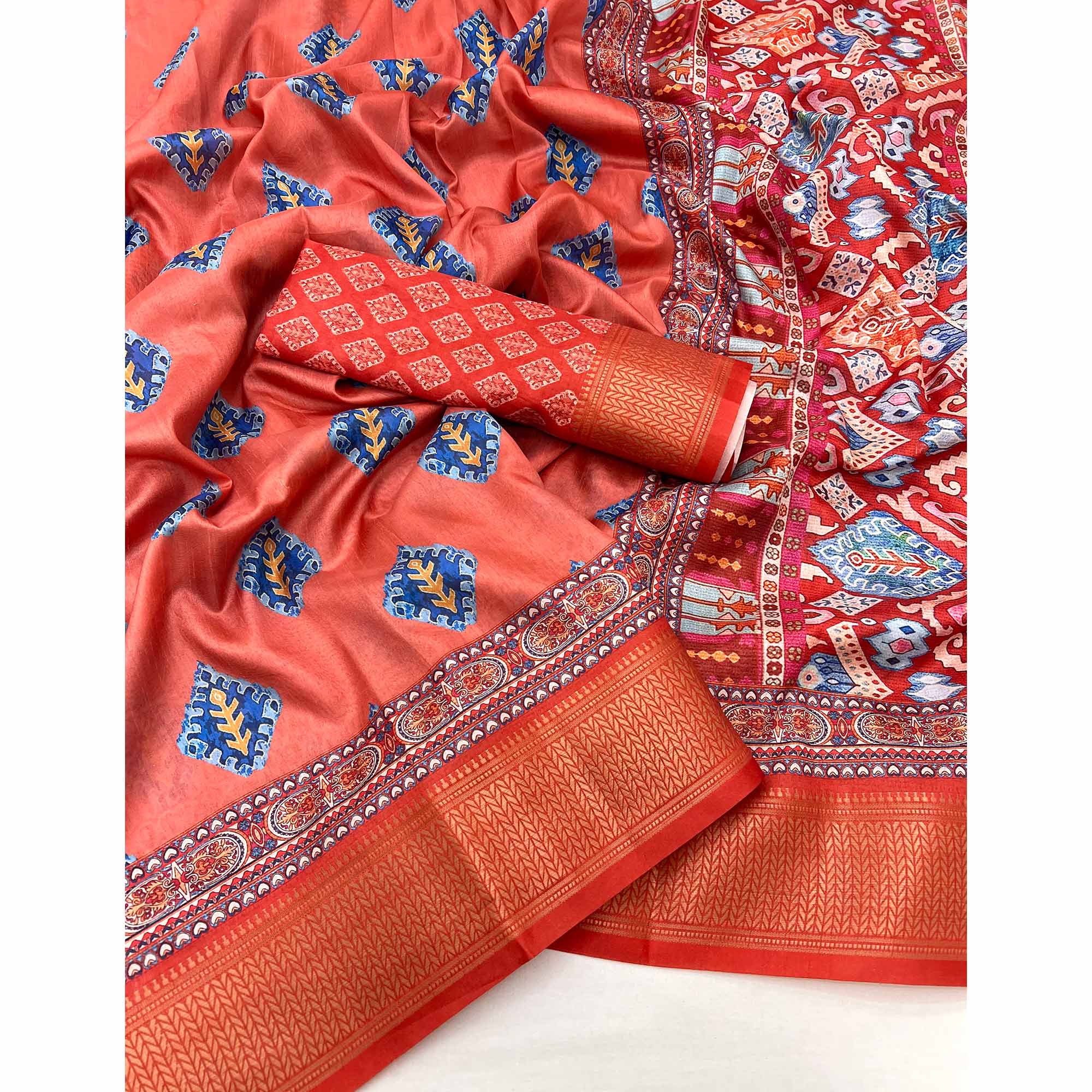 Orange Digital Printed Dola Silk Saree Adorned With Zari Weaving Border & Tassel Pallu - Image 3