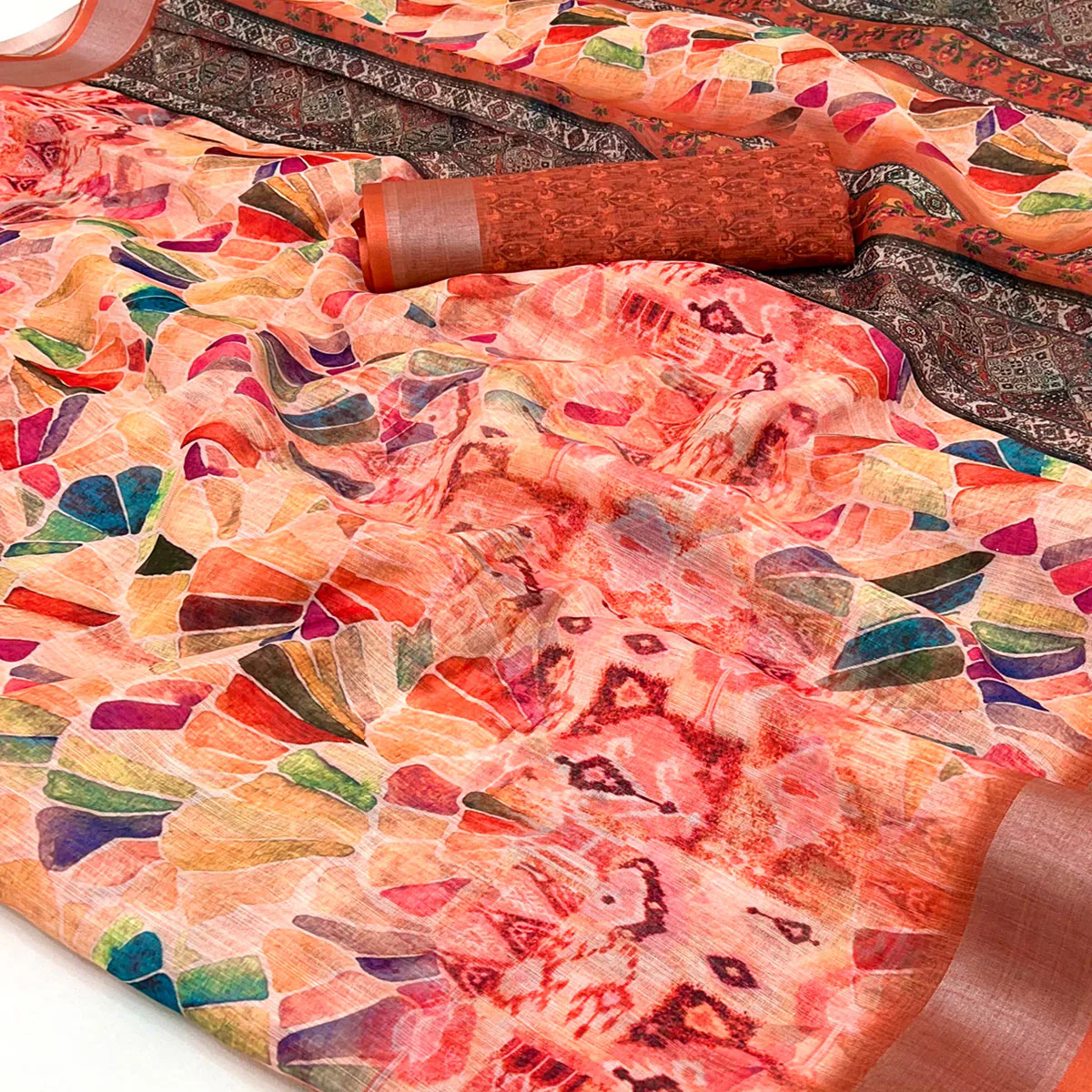 Orange Digital Printed Linen Saree With Woven Border - Image 2