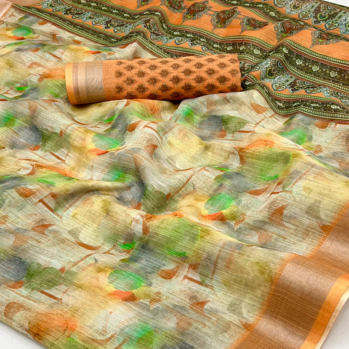 Orange Digital Printed Linen Saree With Woven Border - Image 2