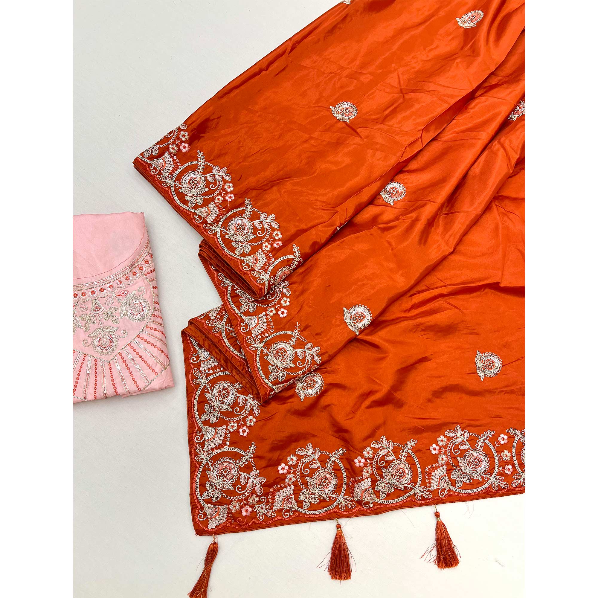 Orange Embroidered Satin Saree with Smooth Texture and Graceful Festive Appeal - Image 3