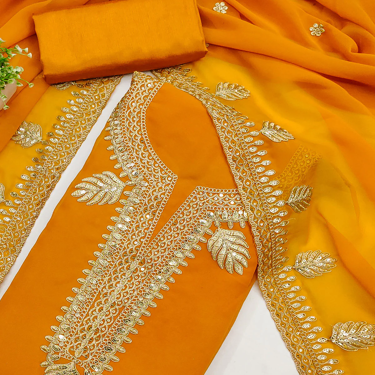 Orange Ethnic Dress Material in Georgette with Embroidery - Image 2