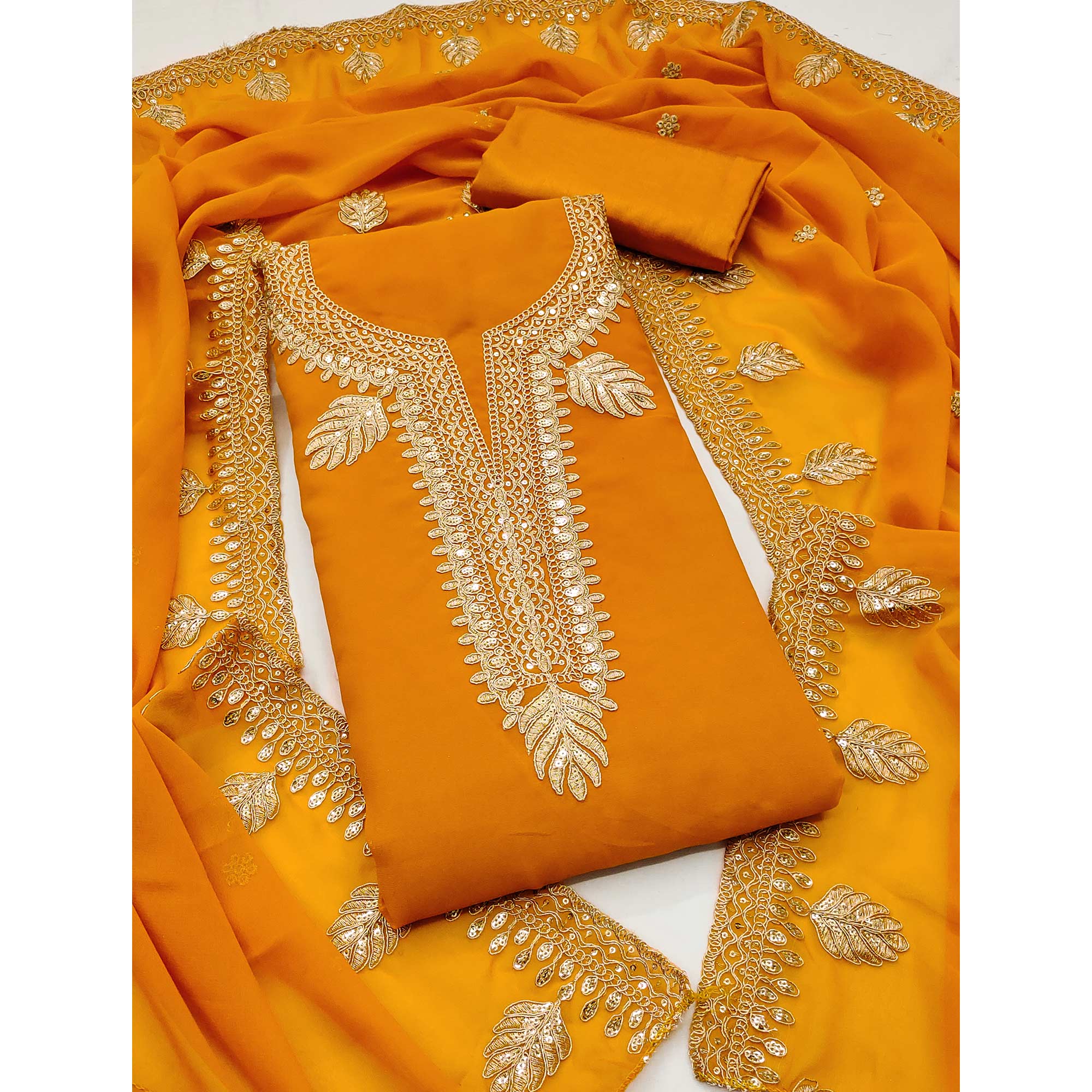 Orange Ethnic Dress Material in Georgette with Embroidery - Image 3
