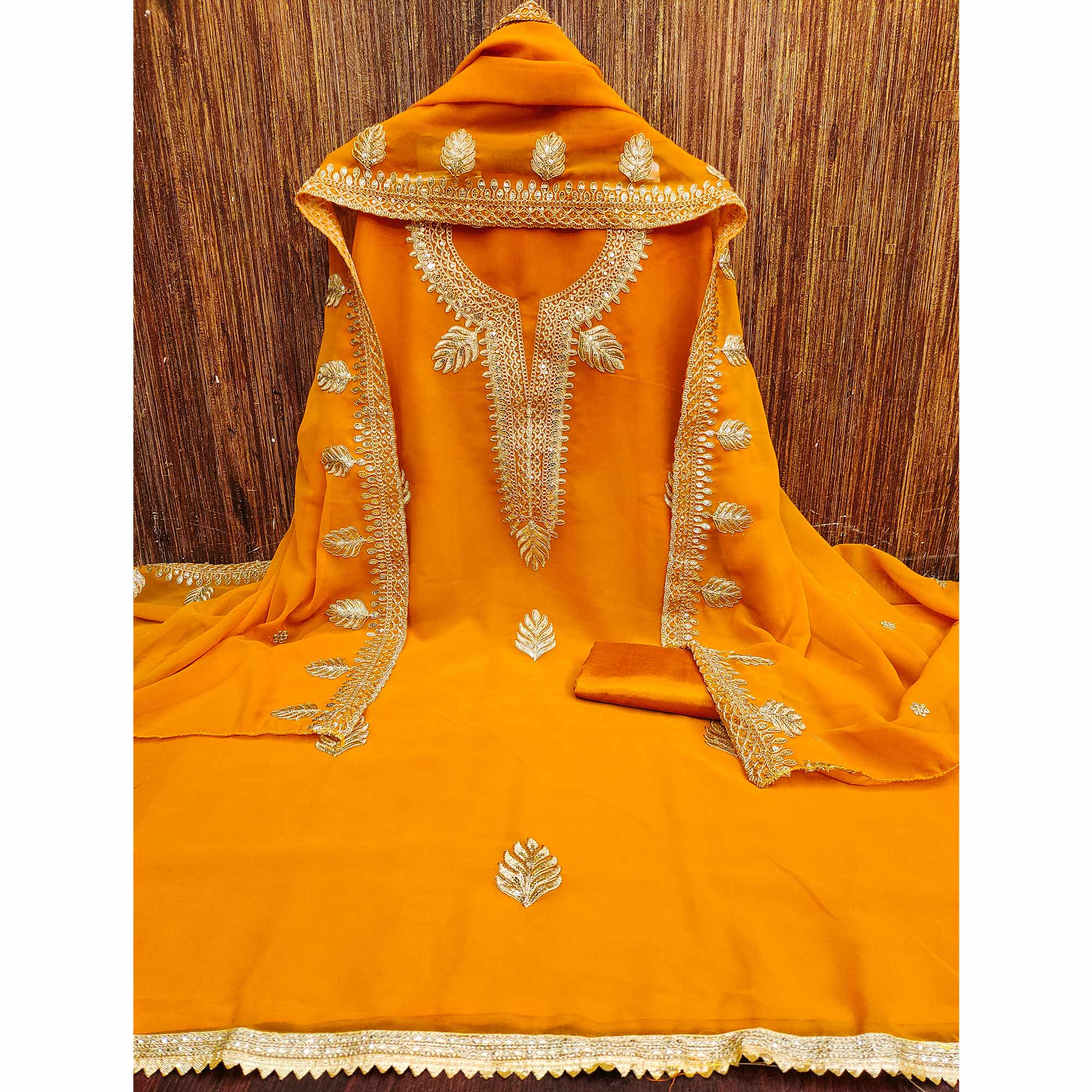 Orange Ethnic Dress Material in Georgette with Embroidery - Image 4