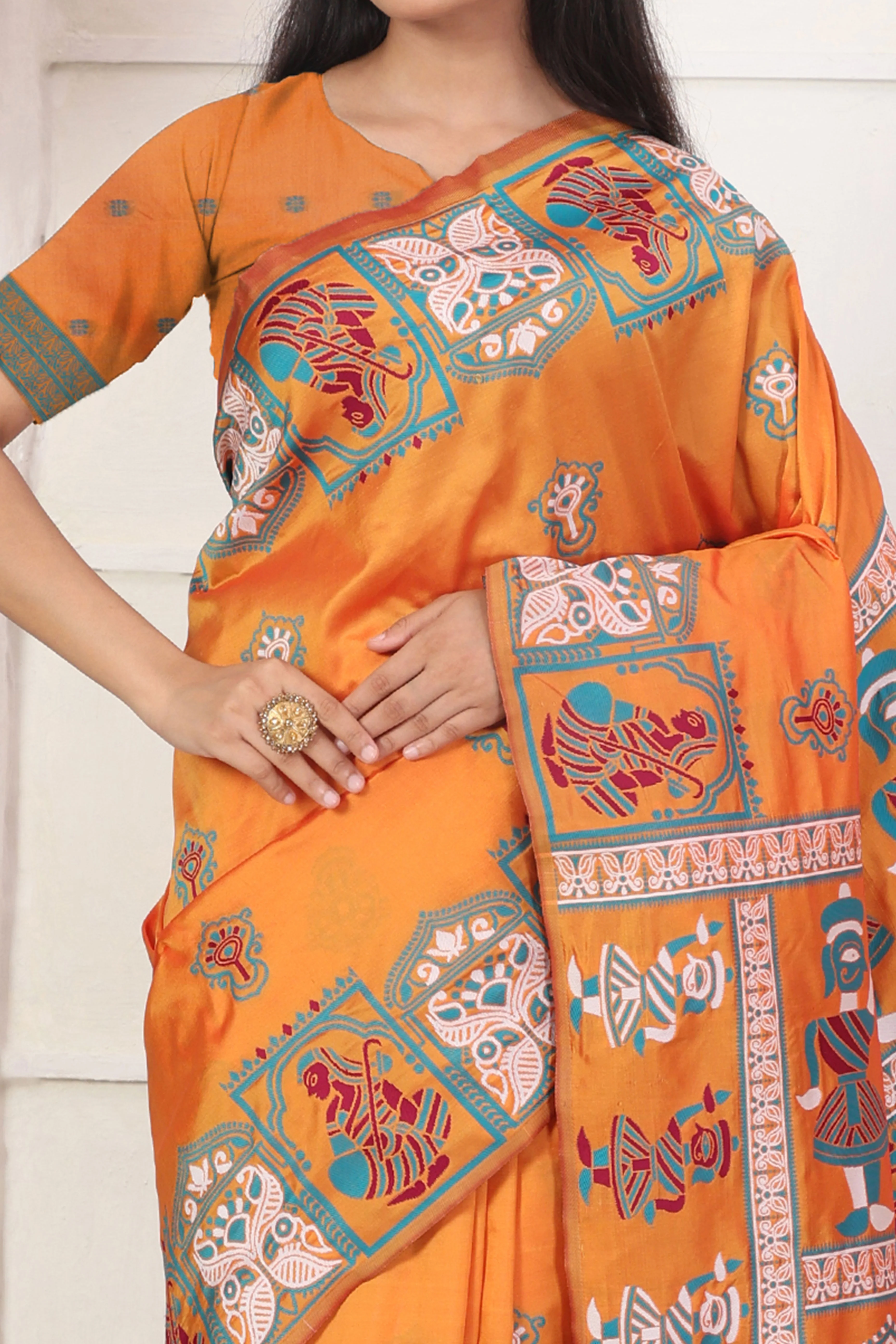Orange Ethnic Madhubani Print Silk Blend Saree Enhanced With Tassel Pallu Accents - Image 2