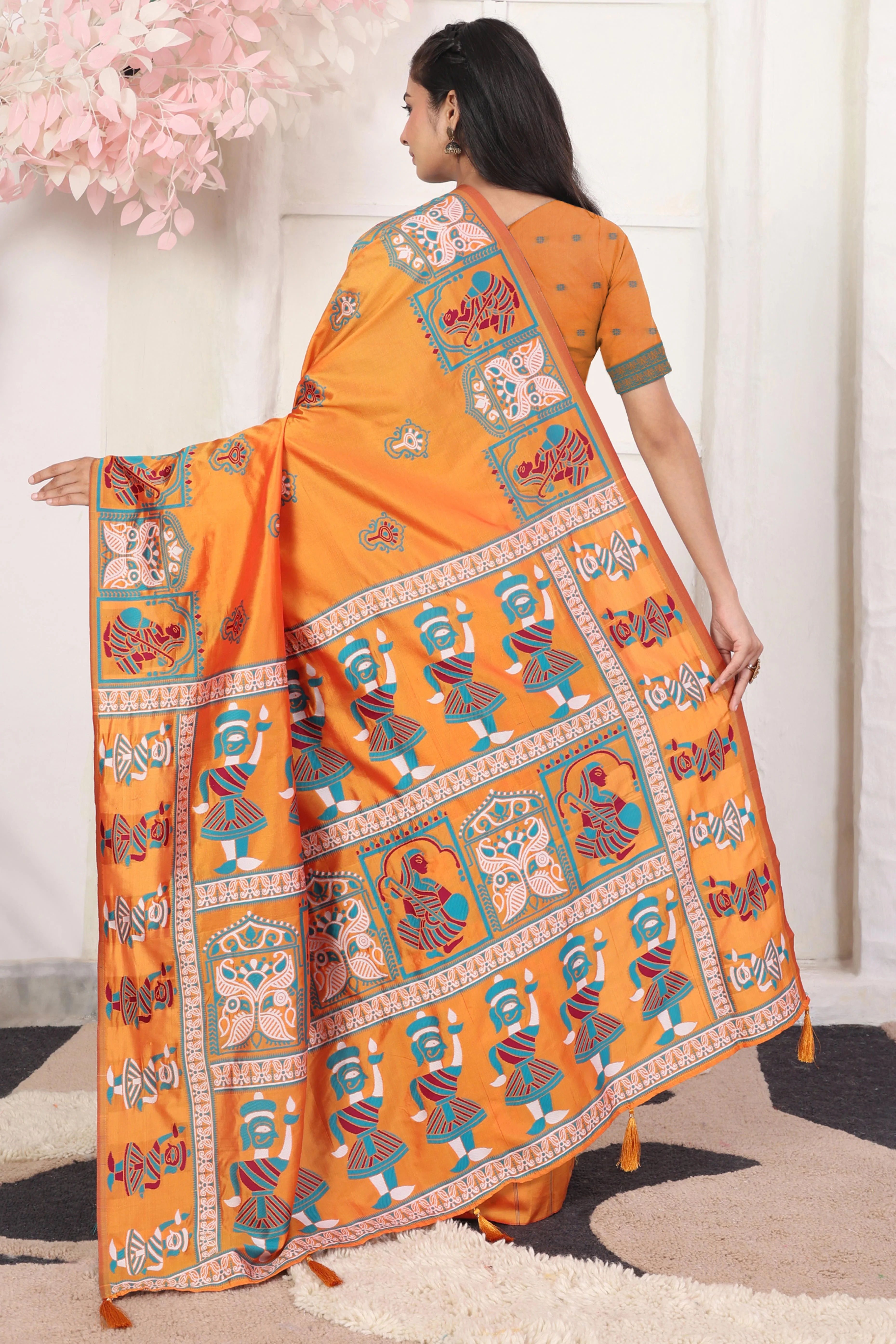 Orange Ethnic Madhubani Print Silk Blend Saree Enhanced With Tassel Pallu Accents - Image 4