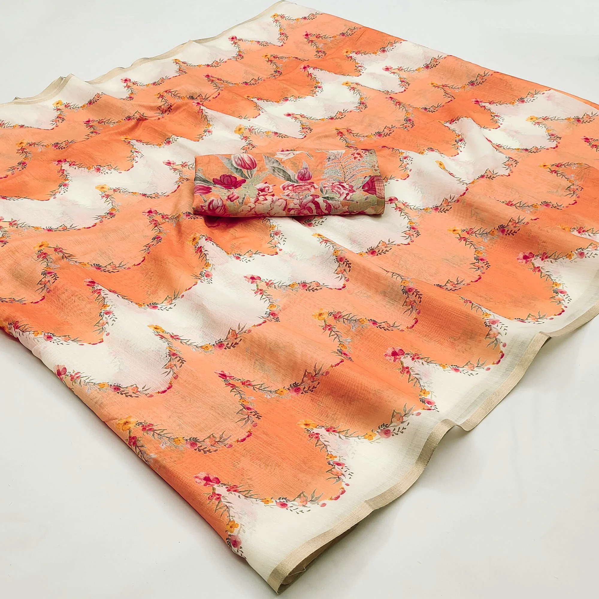 Orange Floral Digital Printed Chanderi Cotton Saree - Image 3