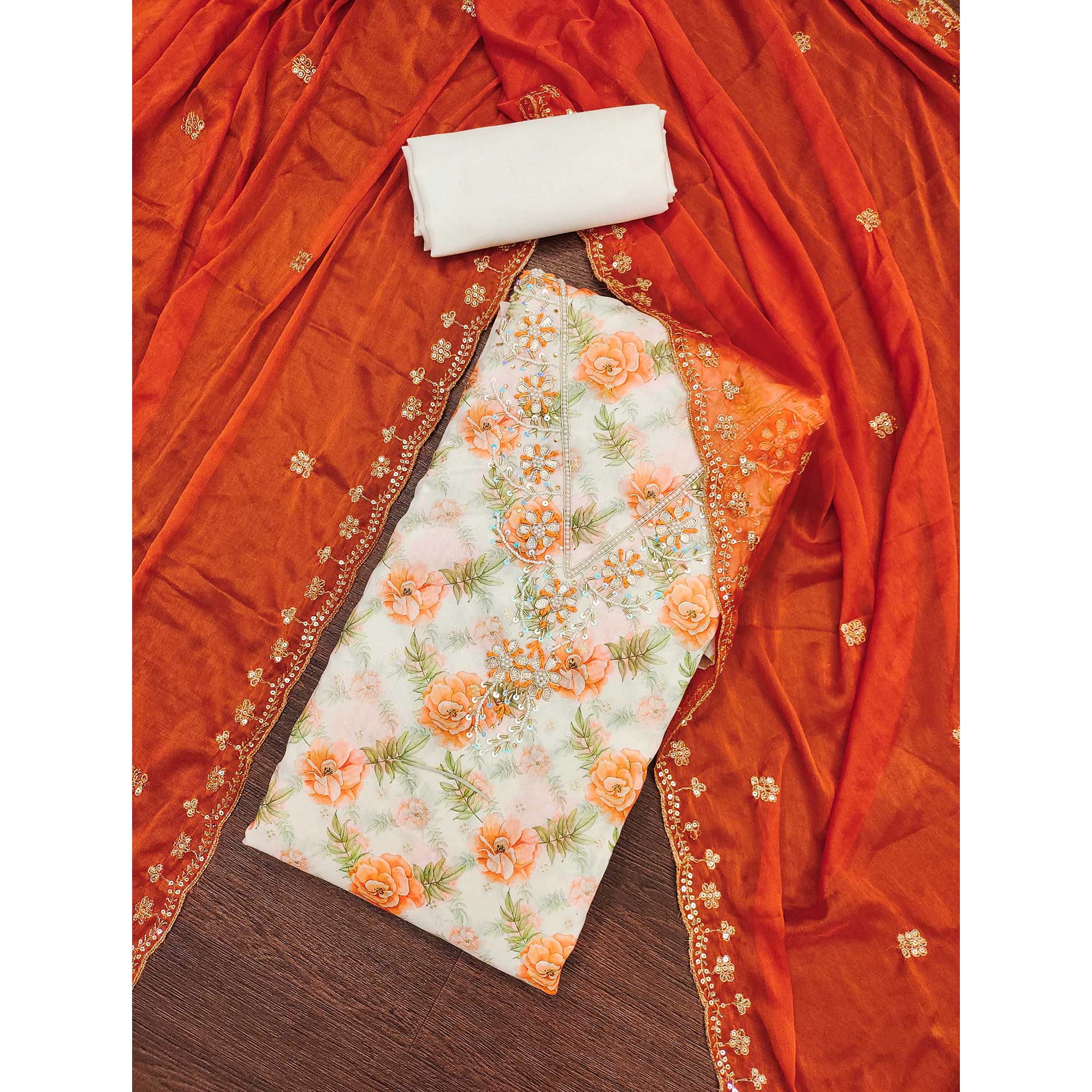 Orange Floral Digital Printed With Handwork Chanderi Silk Dress Material - Image 3