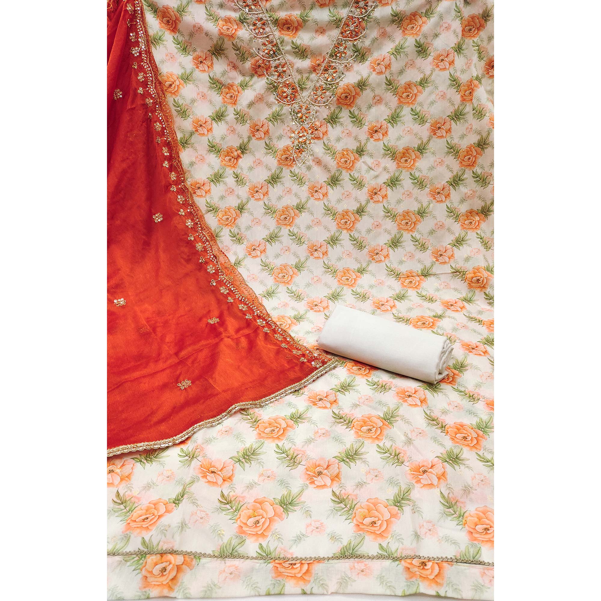 Orange Floral Digital Printed With Handwork Chanderi Silk Dress Material - Image 4