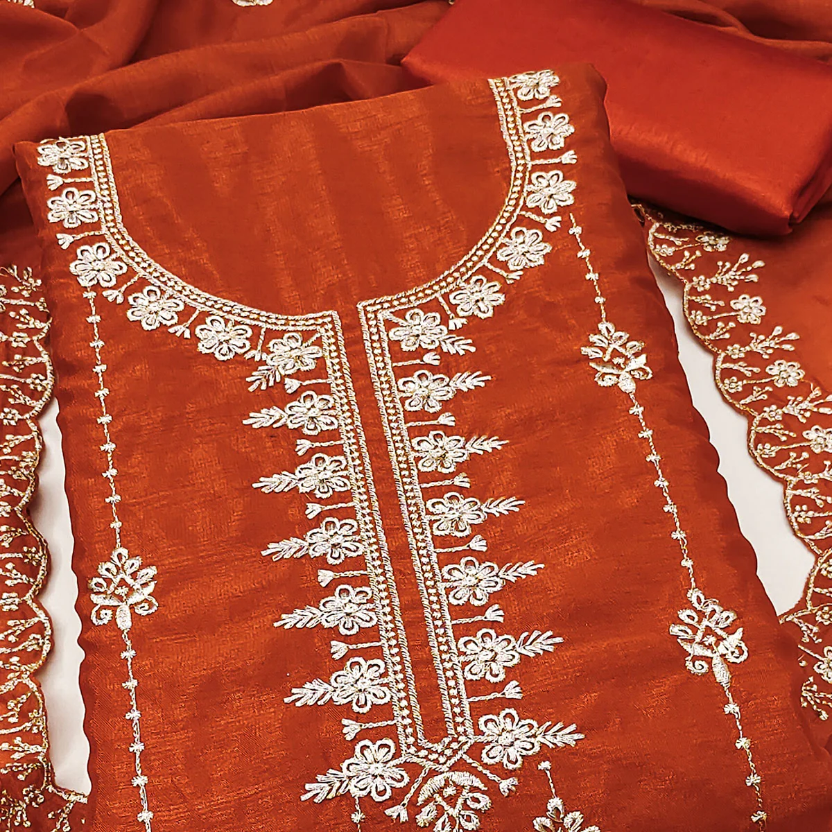 Orange Floral Elegance Zari Embroidered Vichitra Silk Dress Material - Image 2