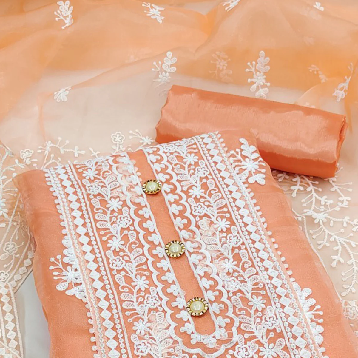 Orange Floral Embroidered Organza Dress Material - Image 2