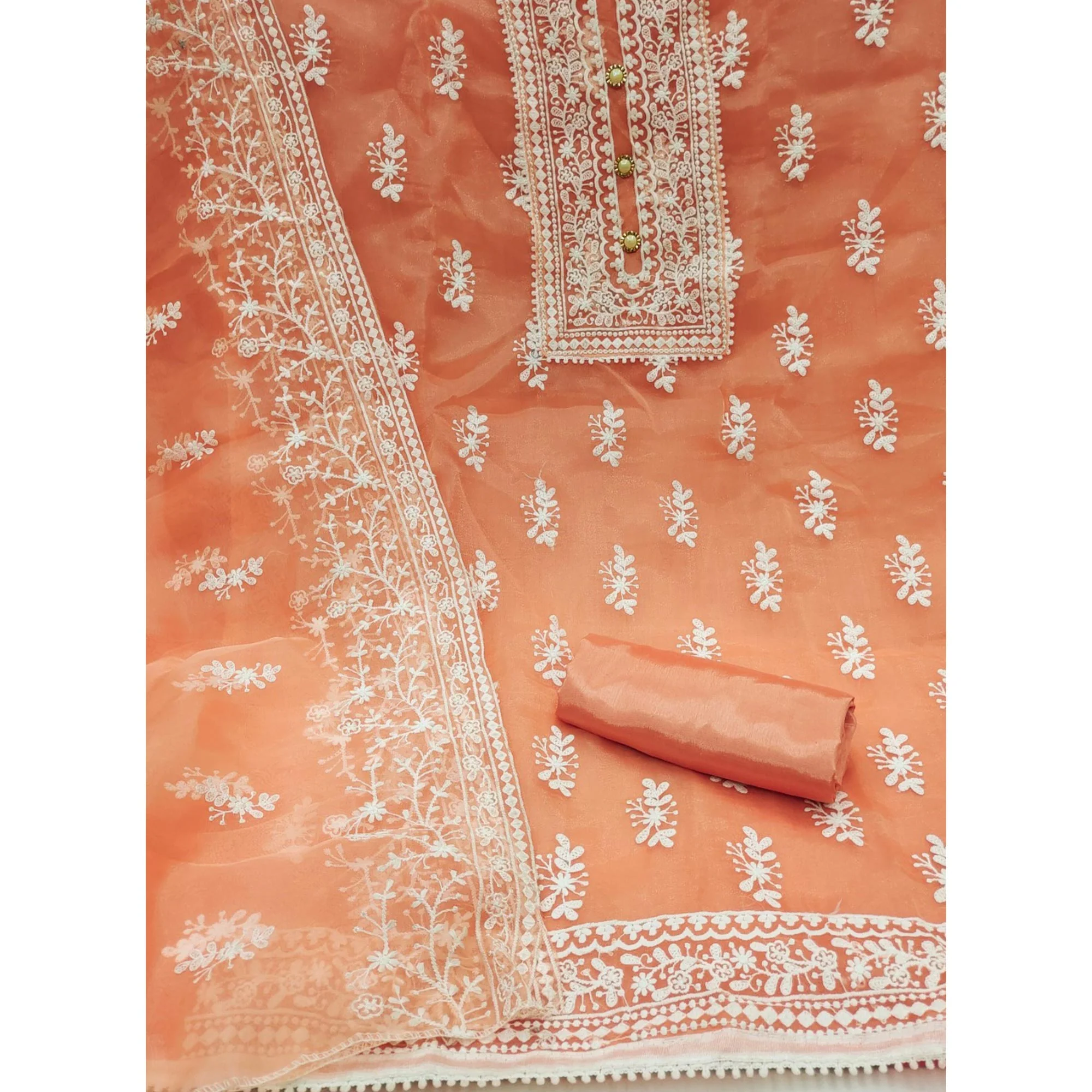 Orange Floral Embroidered Organza Dress Material - Image 3
