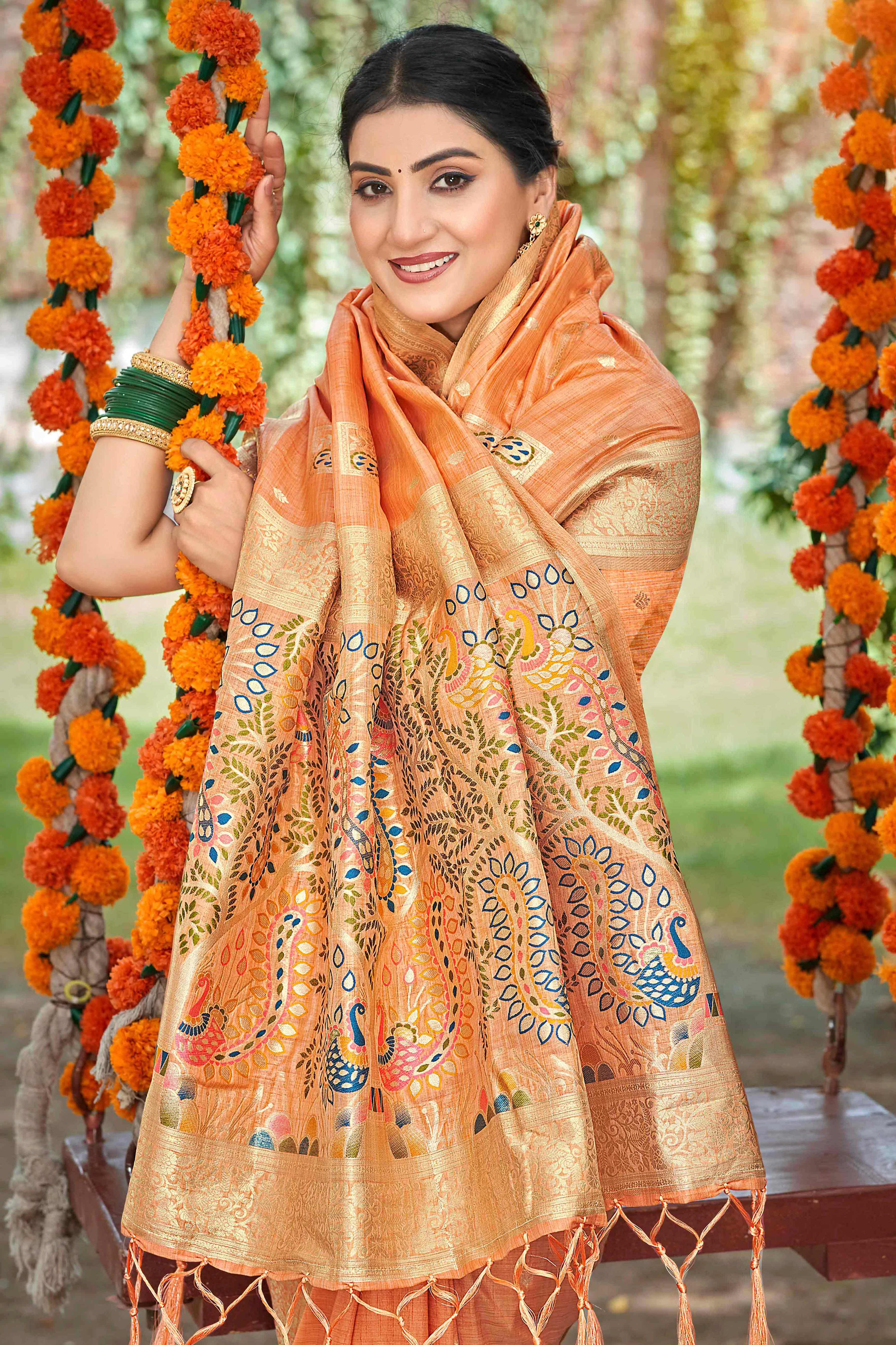 Orange Floral & Peacock Motif Zari Woven Assam Silk Blend Saree With Graceful Tassel Pallu - Image 3