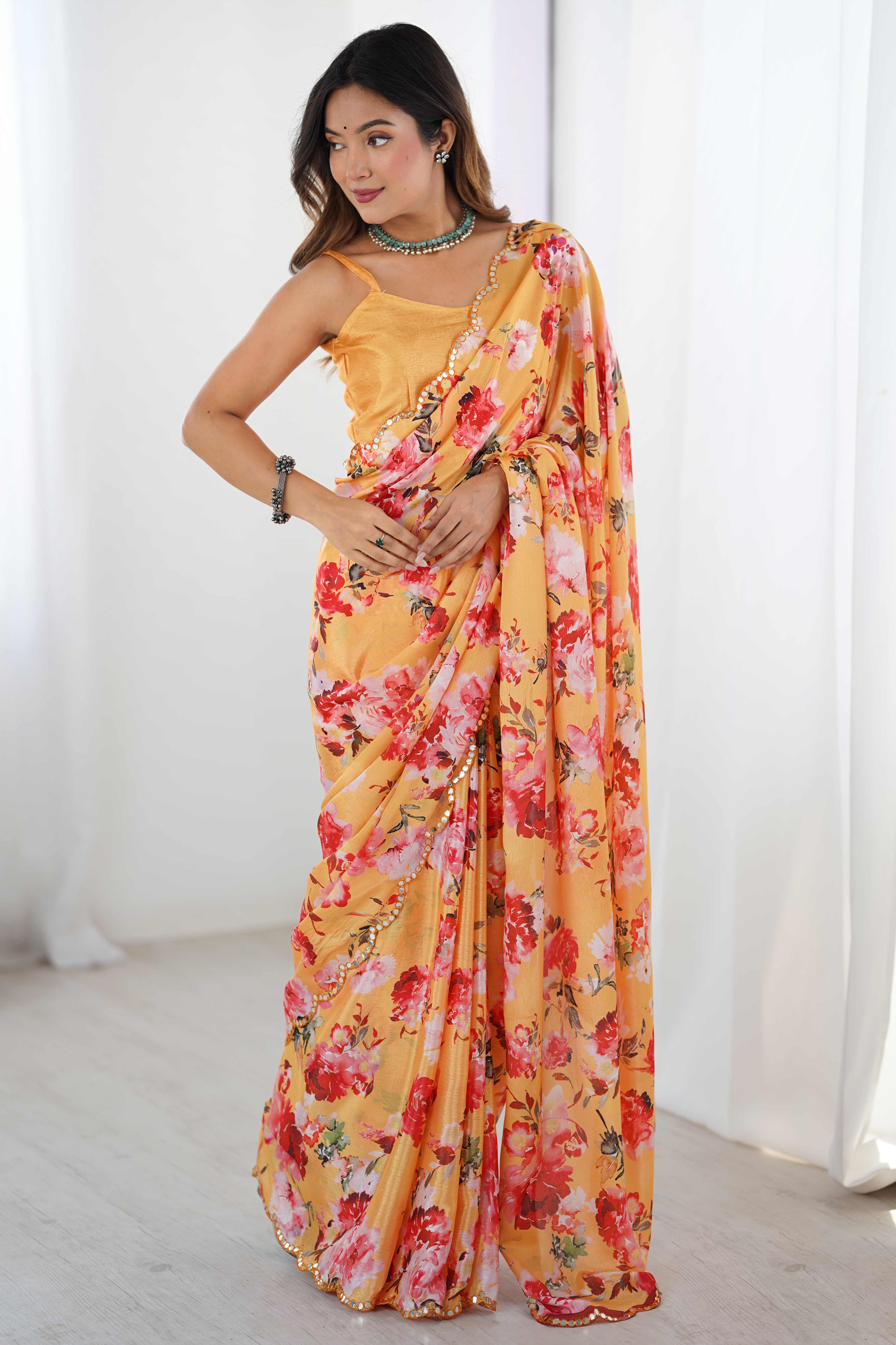 Orange Floral Printed Chinon Saree with Shimmering Mirror Detailing - Image 3