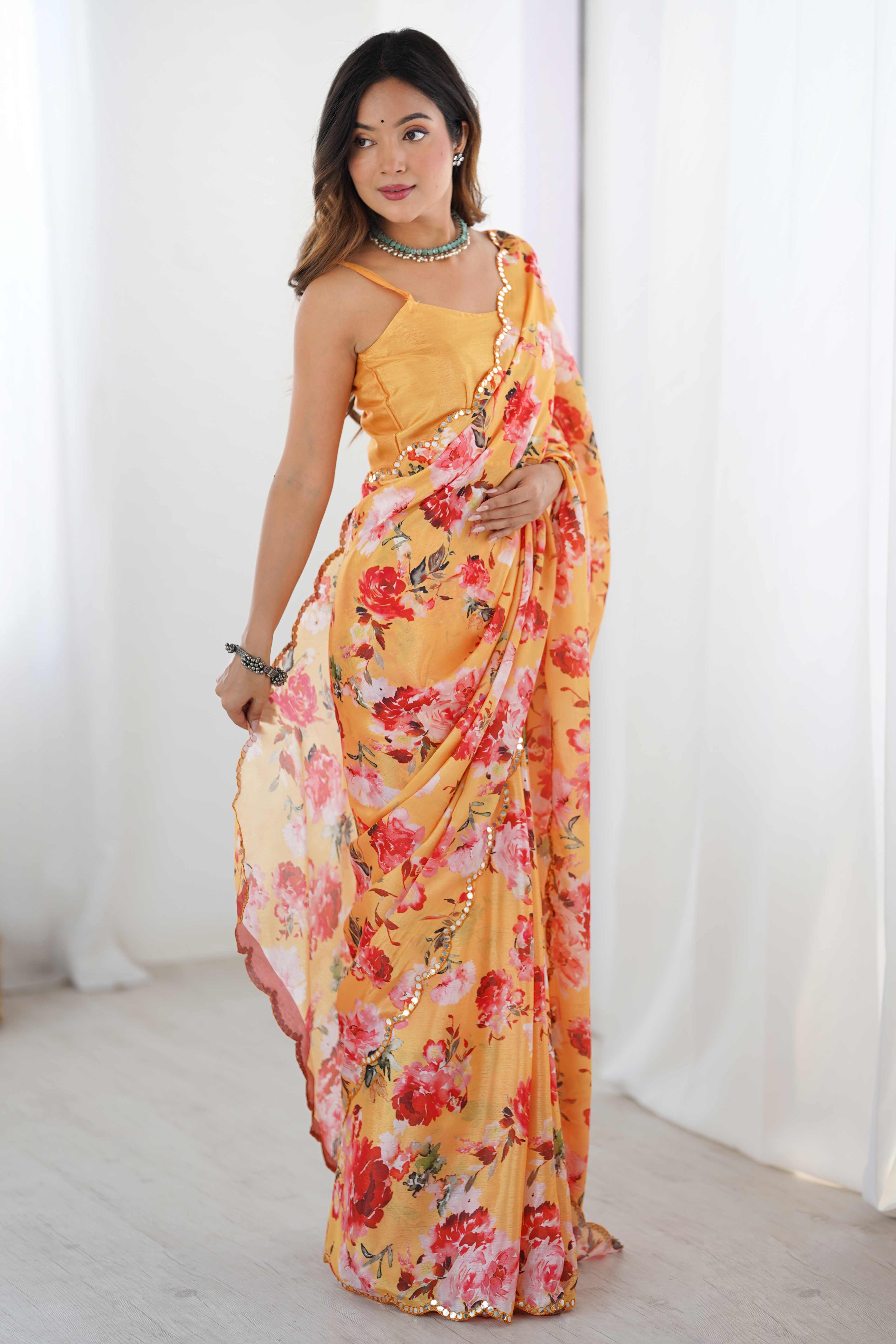 Orange Floral Printed Chinon Saree with Shimmering Mirror Detailing - Image 7
