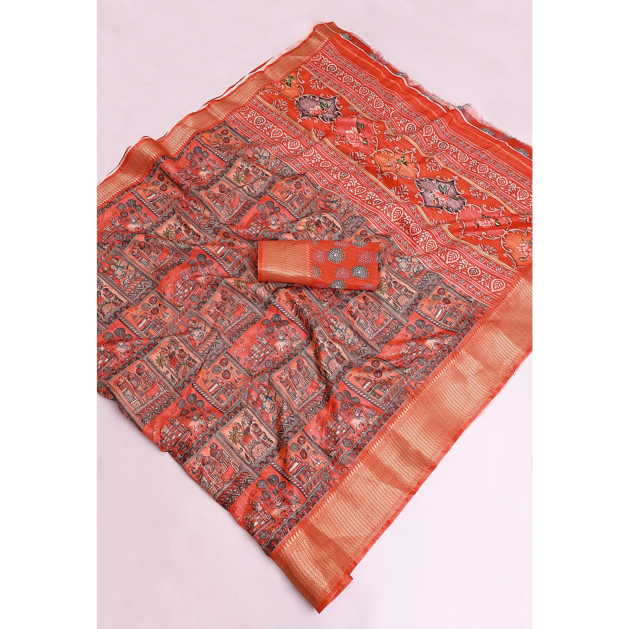Orange Floral Printed Dola Silk Saree With Elegant Silver Zari & Intricate Weaving Border - Image 3