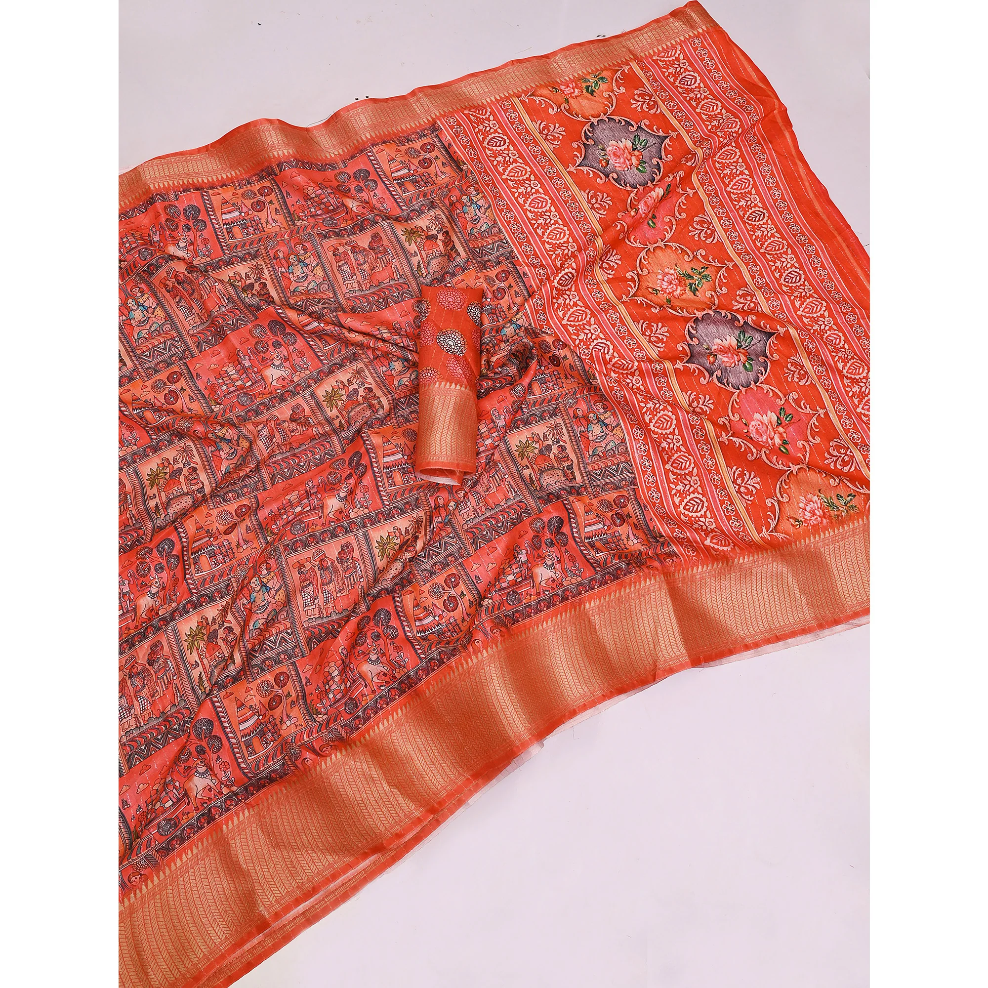 Orange Floral Printed Dola Silk Saree With Elegant Silver Zari & Intricate Weaving Border - Image 4