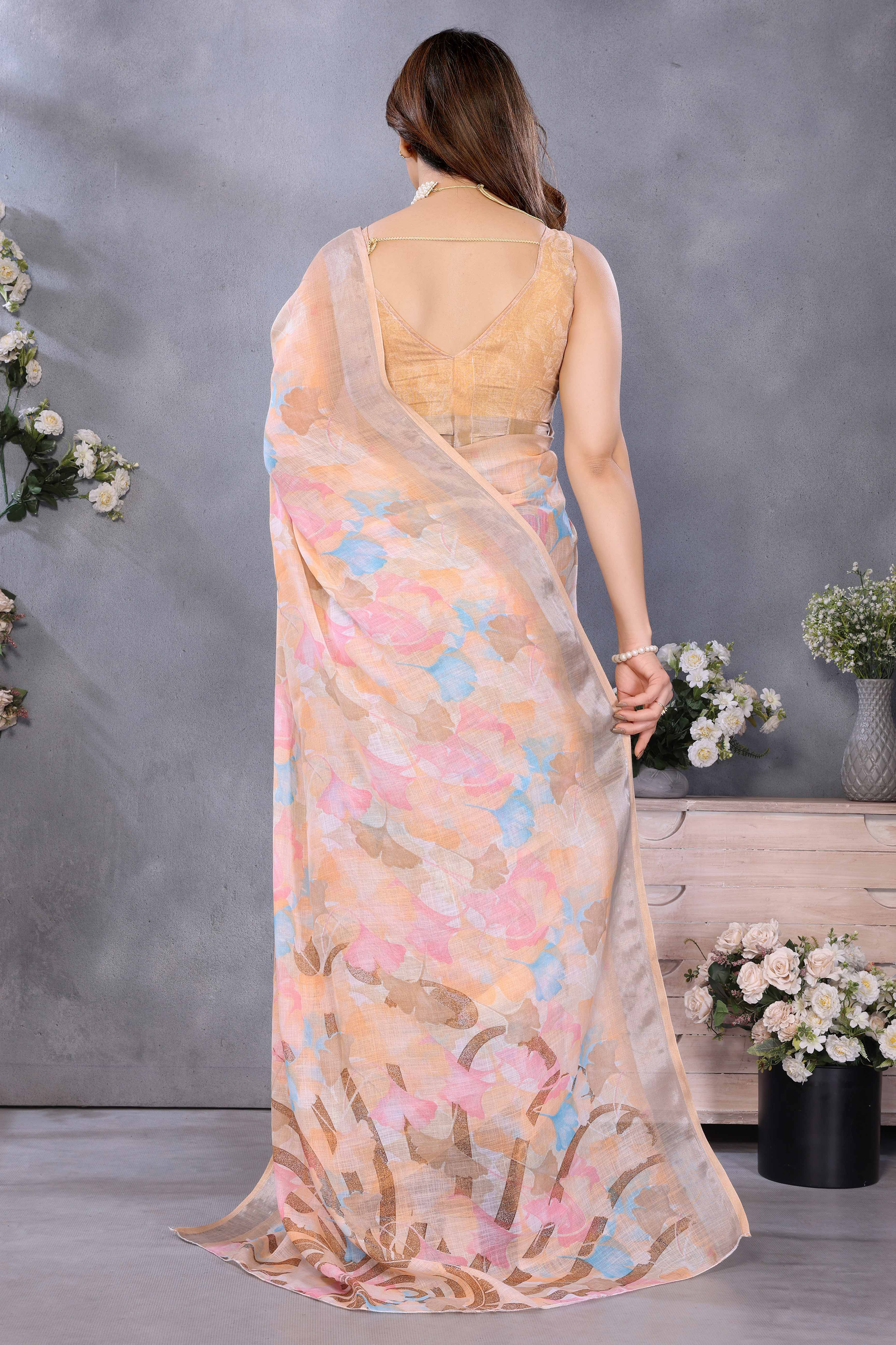 Orange Floral Printed Linen Saree Accented With A Classic Patta Border - Image 4