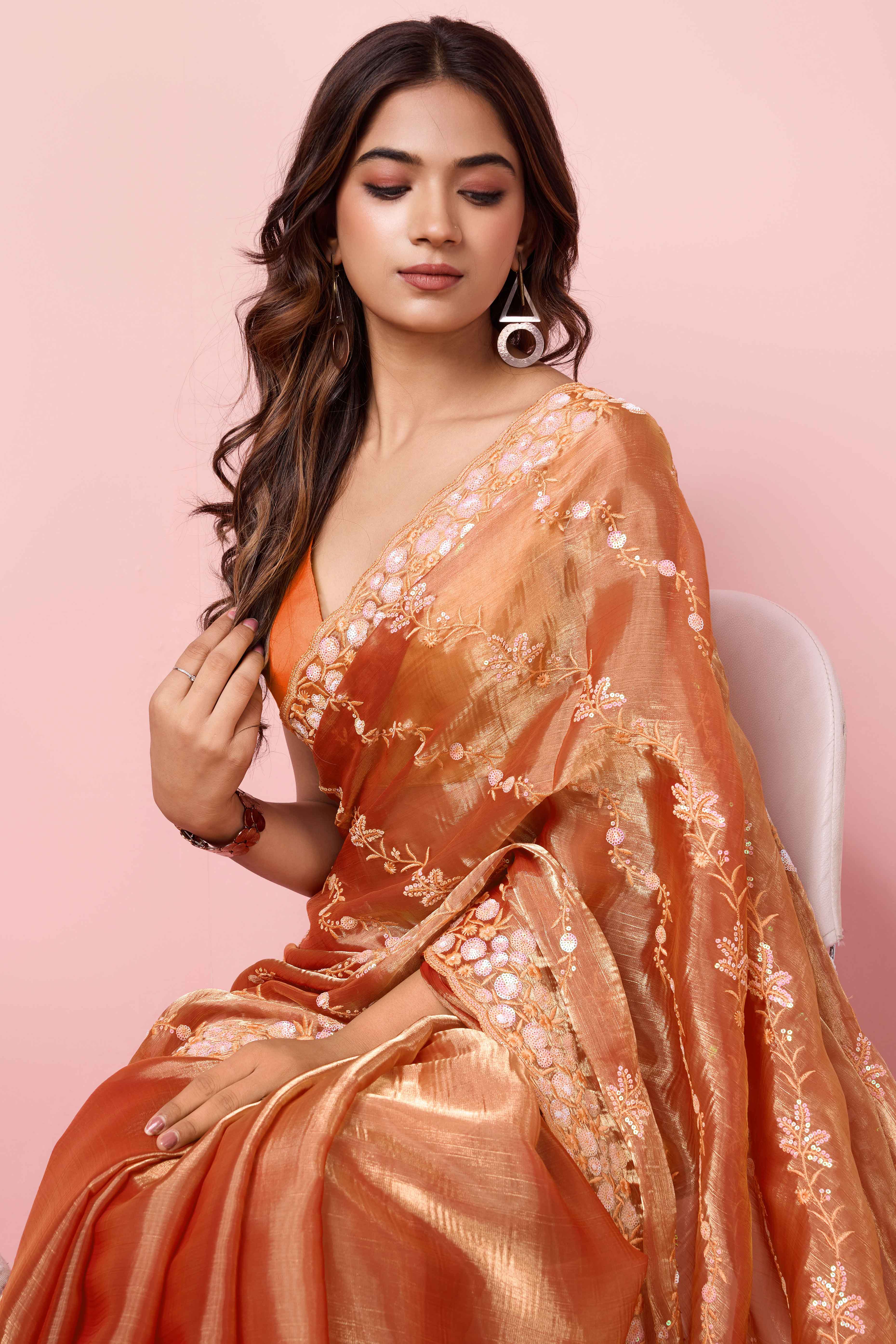 Orange Floral Sequins Embroidered Burberry Silk Saree - Image 6
