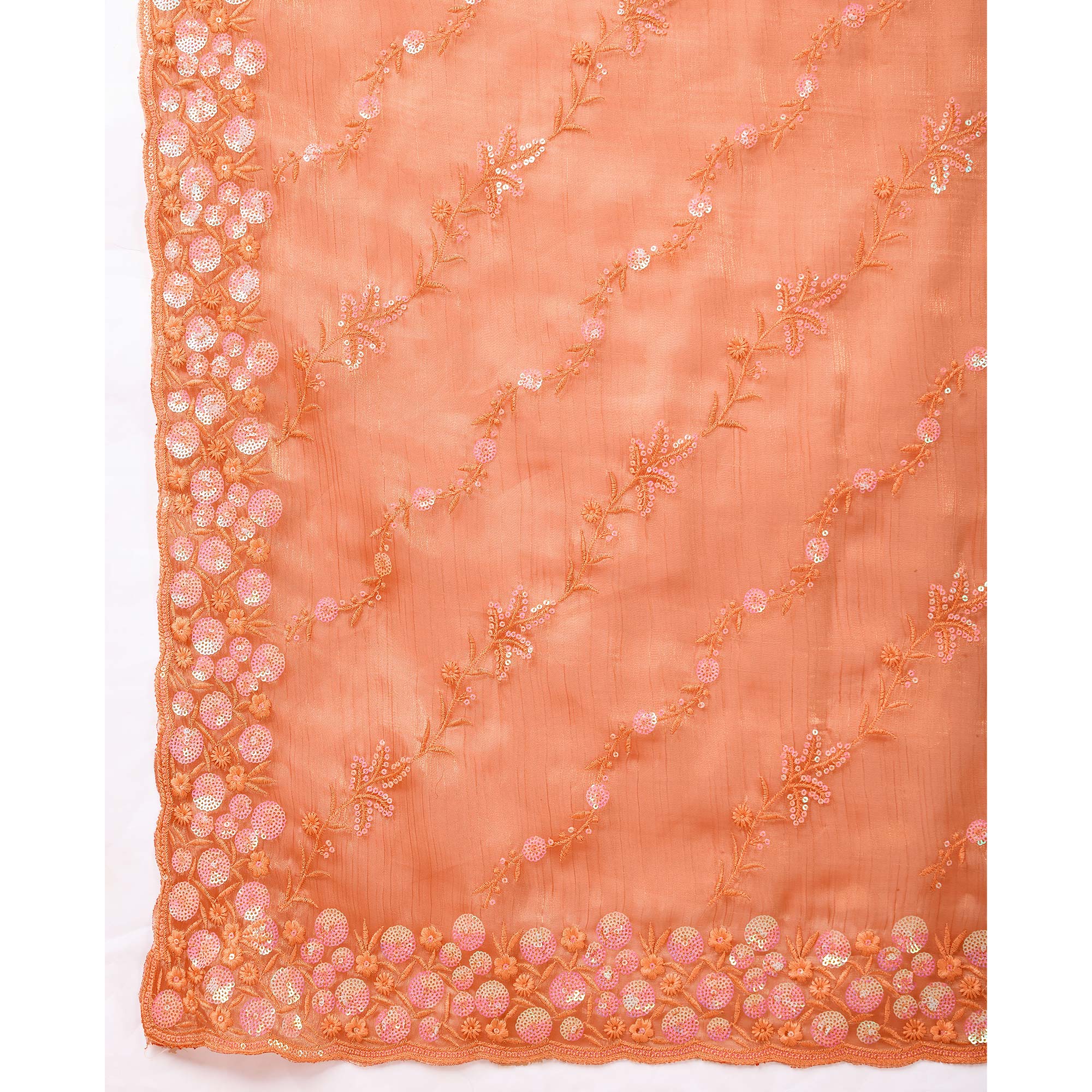 Orange Floral Sequins Embroidered Burberry Silk Saree - Image 8