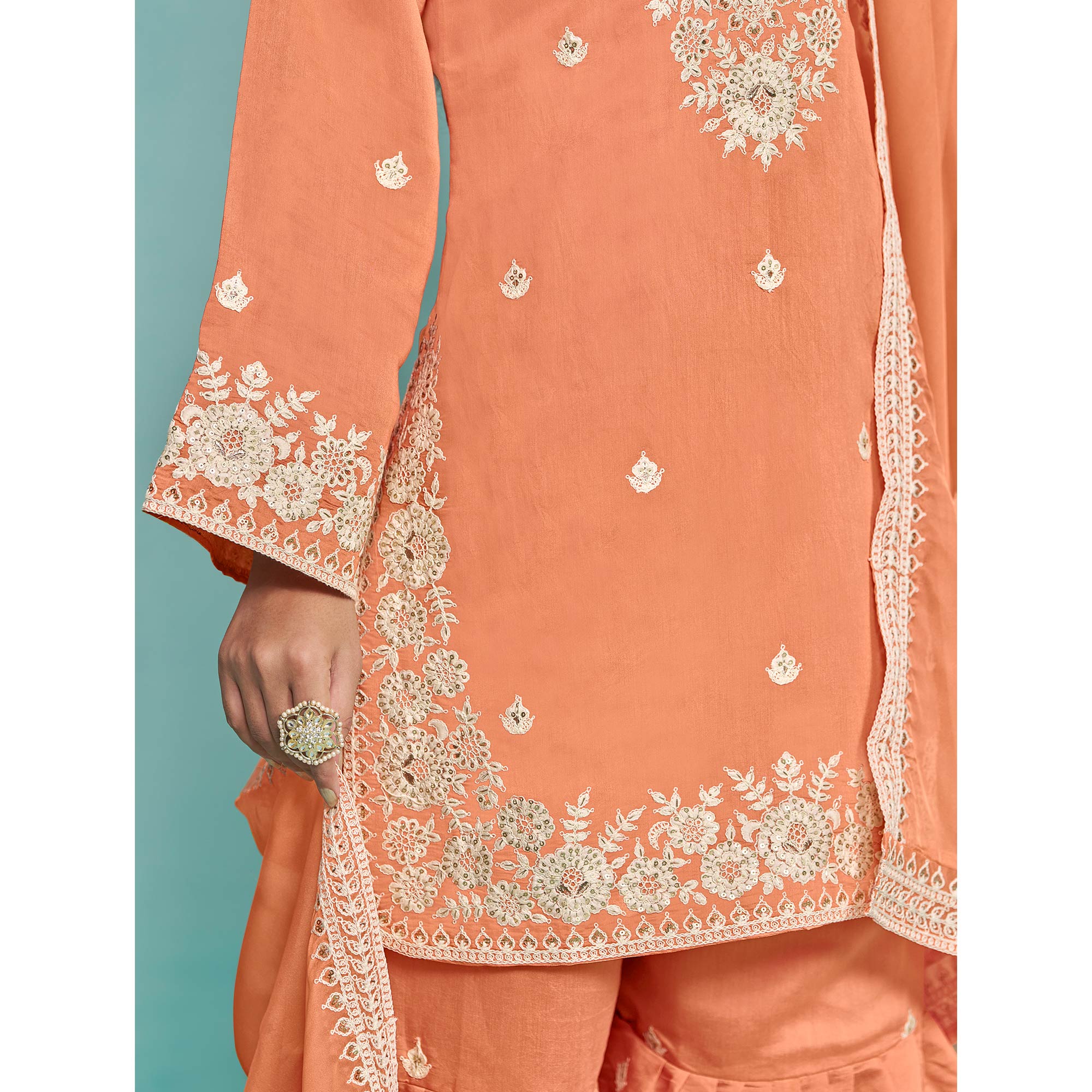 Orange Floral Sequins Embroidered Chanderi Semi Stitched Sharara Suit - Image 6