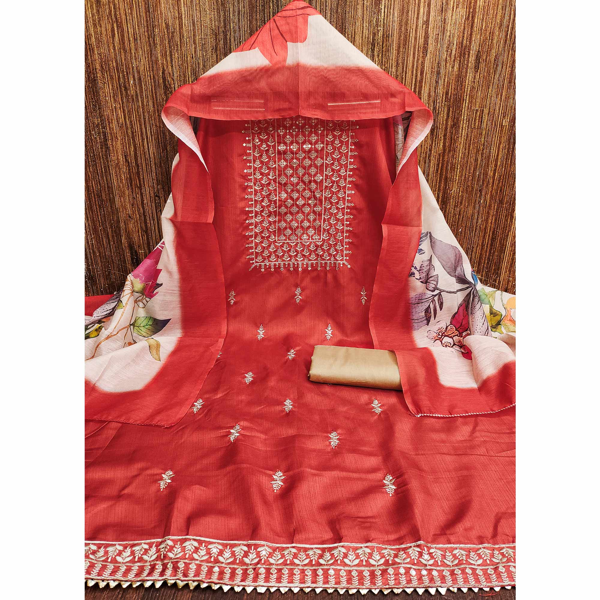 Orange Floral Sequins Embroidered Cotton Blend Dress Material - Image 3