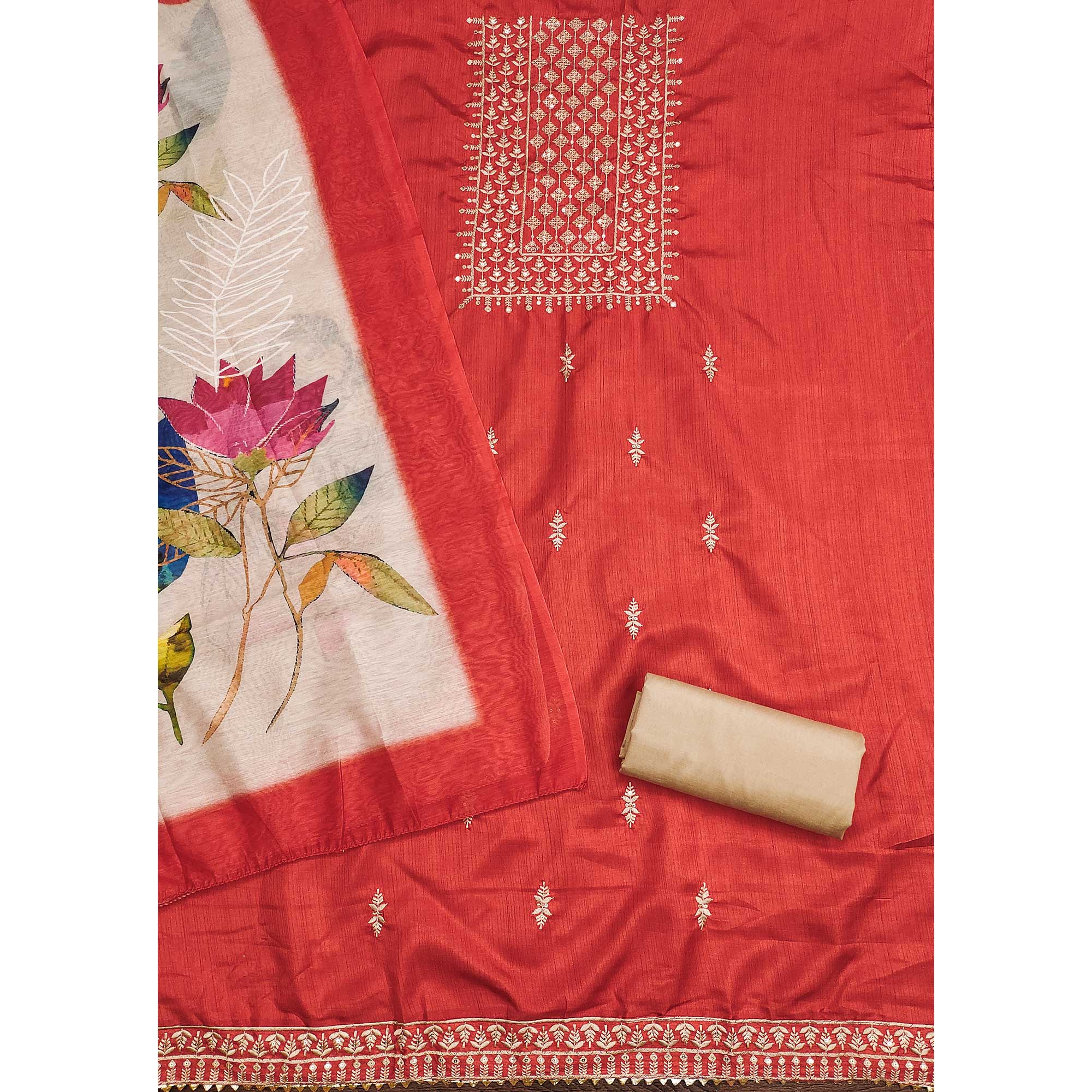 Orange Floral Sequins Embroidered Cotton Blend Dress Material - Image 4