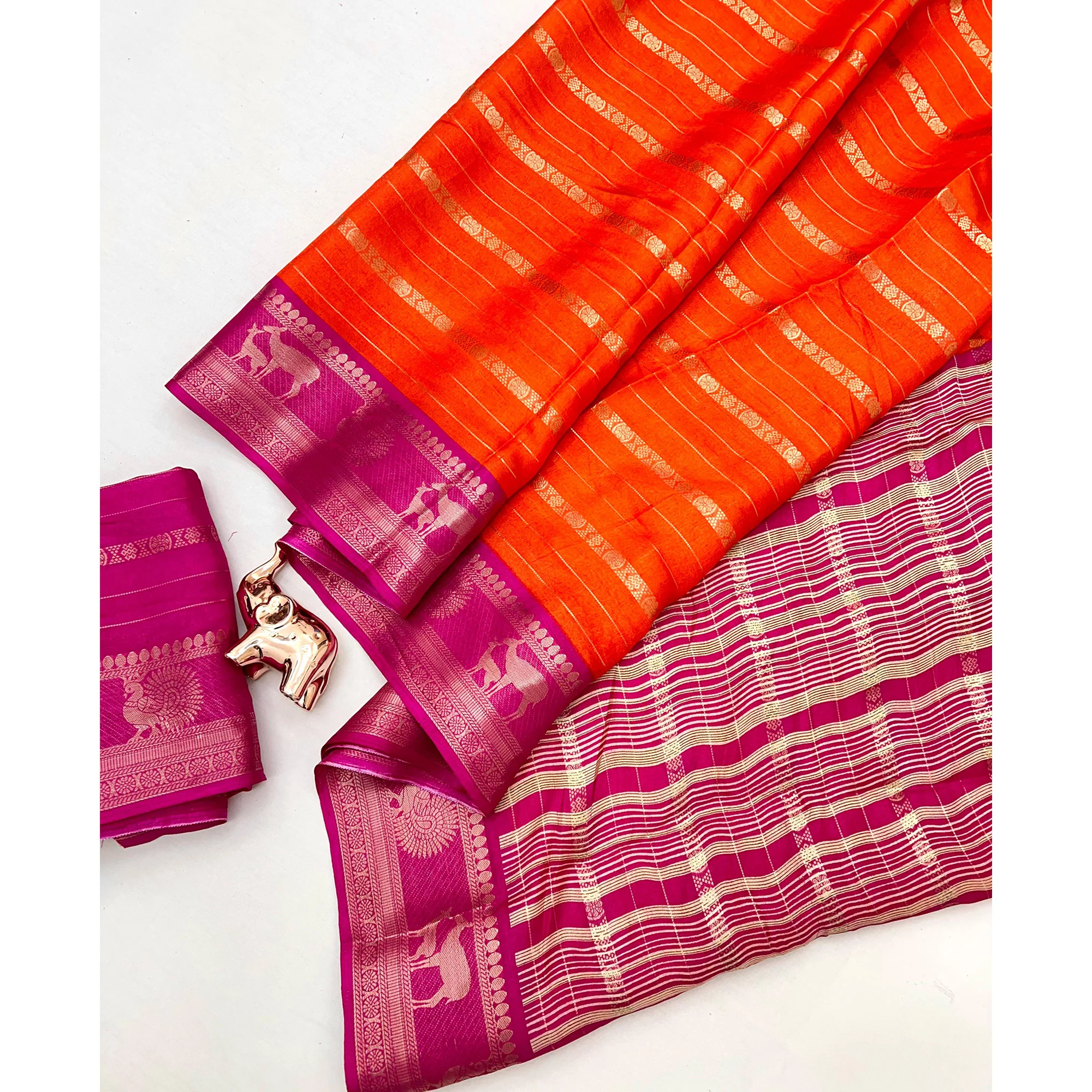 Orange Floral Weaving Mysore Silk Saree With Peacock Print Pallu & Two-Tone Padding Border Work - Image 3