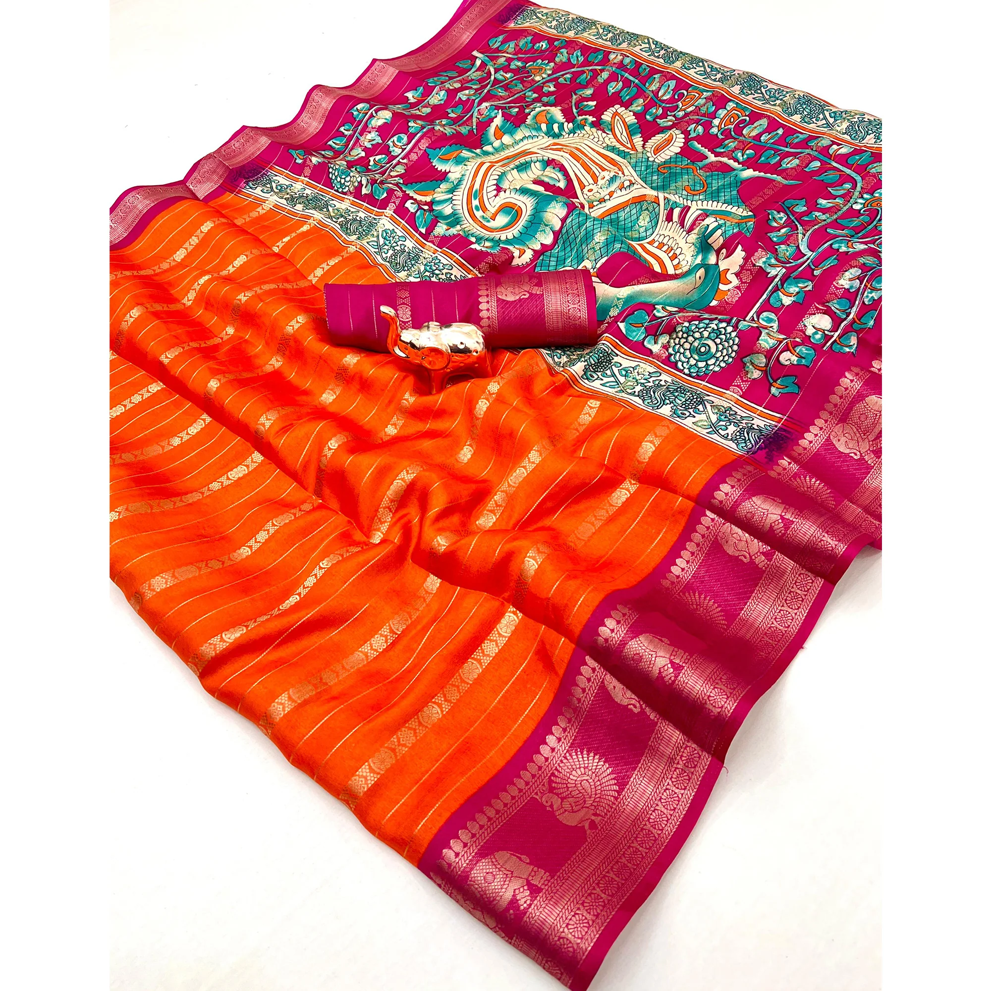 Orange Floral Weaving Mysore Silk Saree With Peacock Print Pallu & Two-Tone Padding Border Work - Image 3