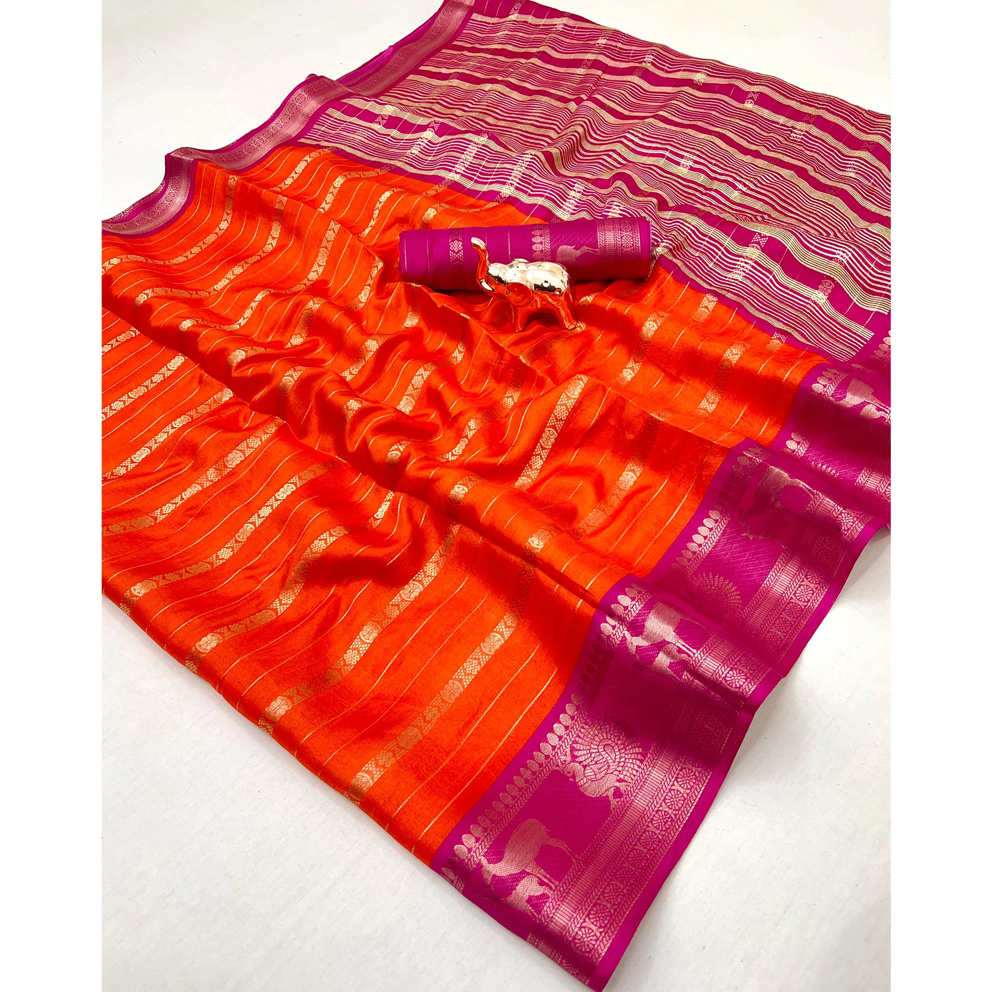 Orange Floral Weaving Mysore Silk Saree With Peacock Print Pallu & Two-Tone Padding Border Work - Image 5