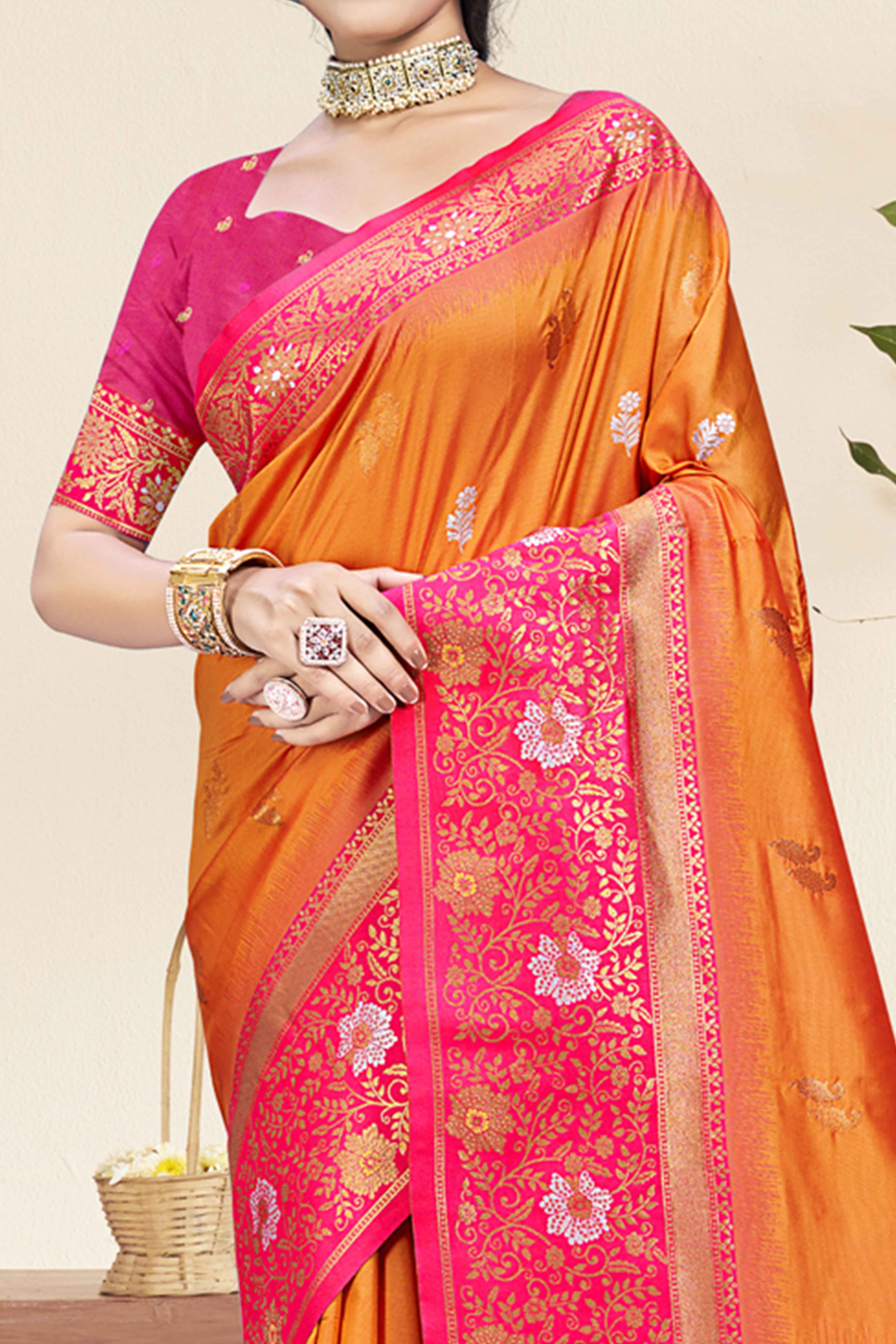 Orange Floral Woven Banarasi Silk Saree - Image 2