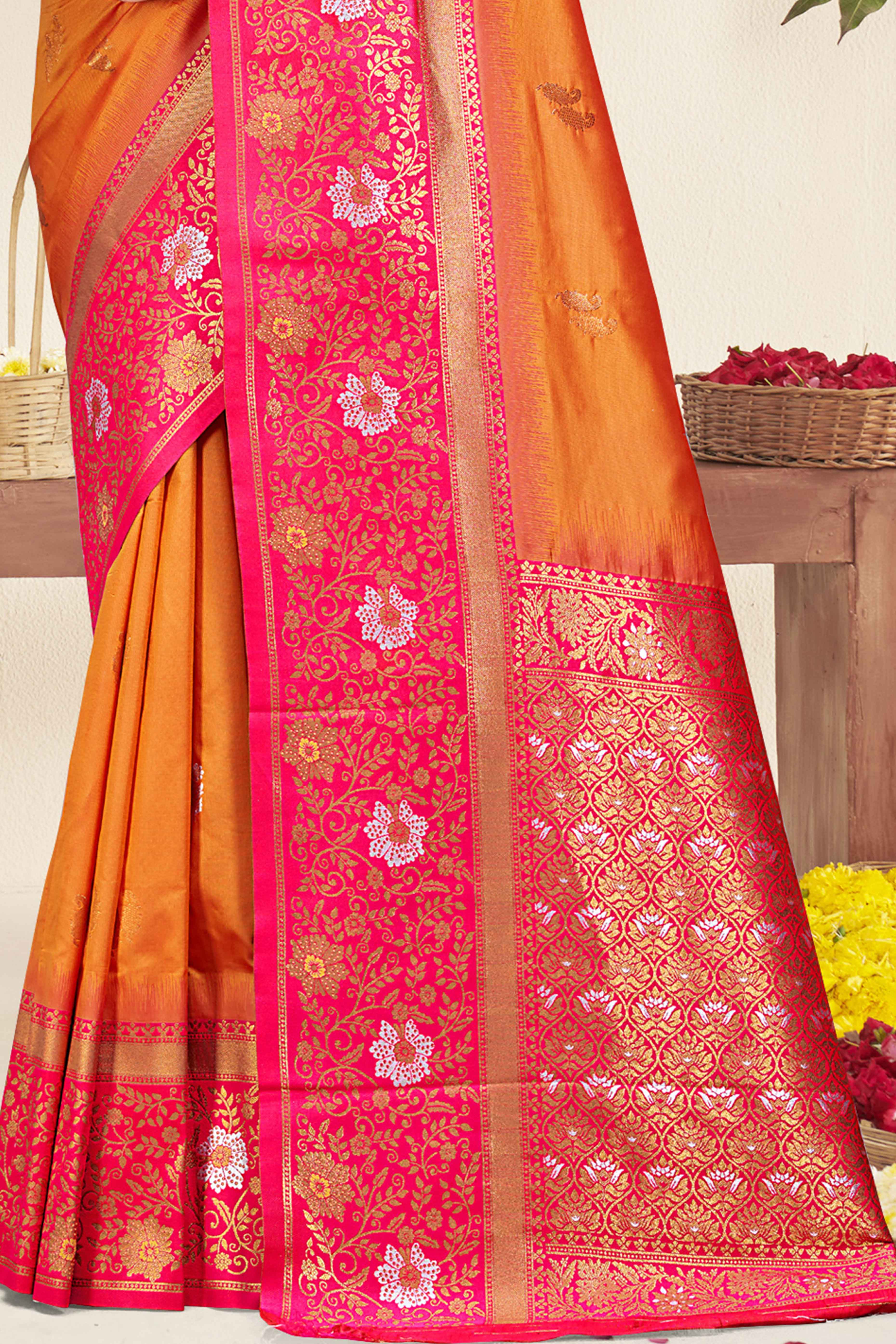Orange Floral Woven Banarasi Silk Saree - Image 4