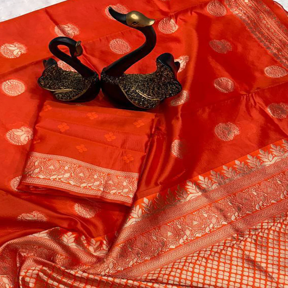 Orange Floral Woven Lichi Banarasi Silk Saree - Image 2