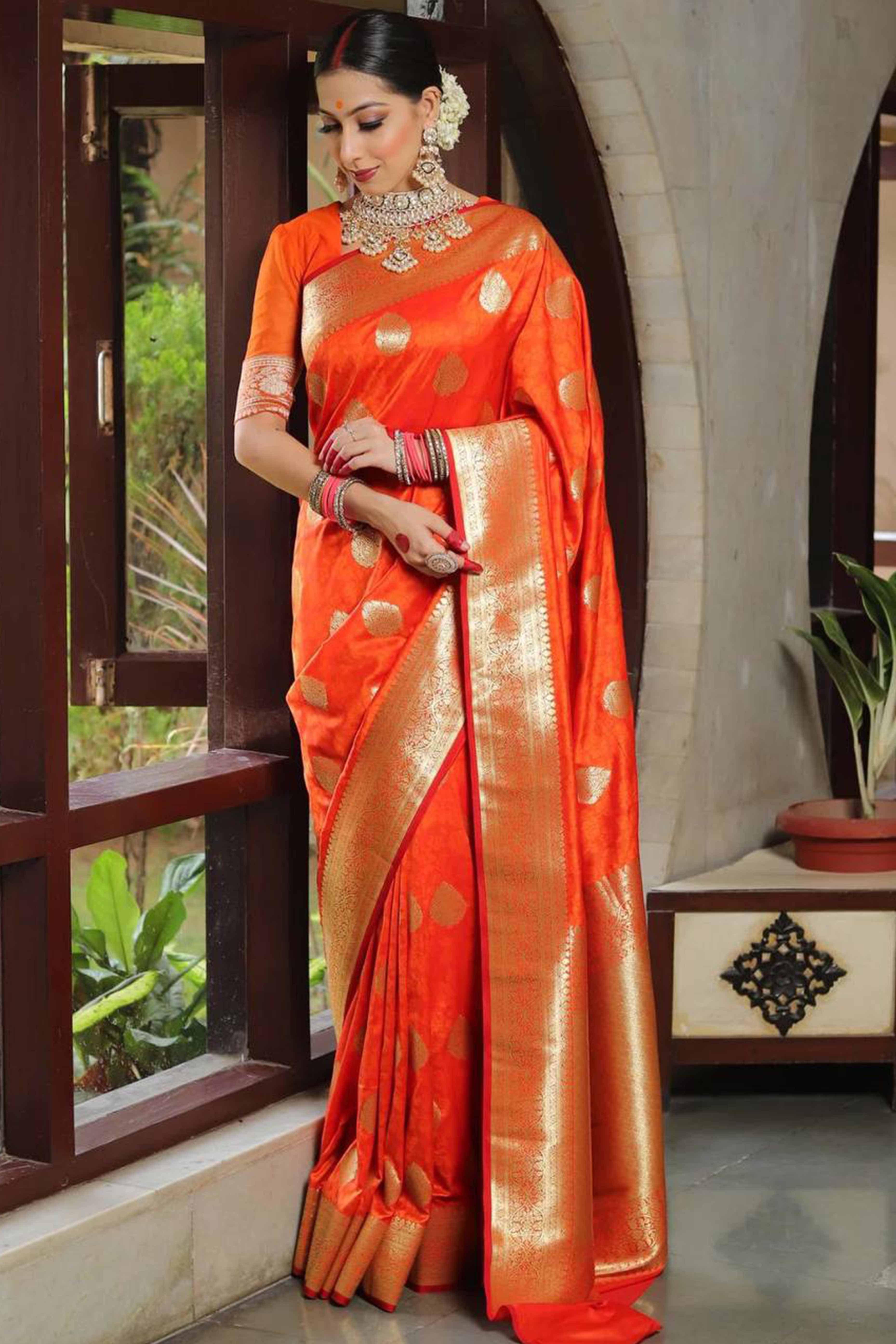Orange Floral Woven Lichi Banarasi Silk Saree - Image 4