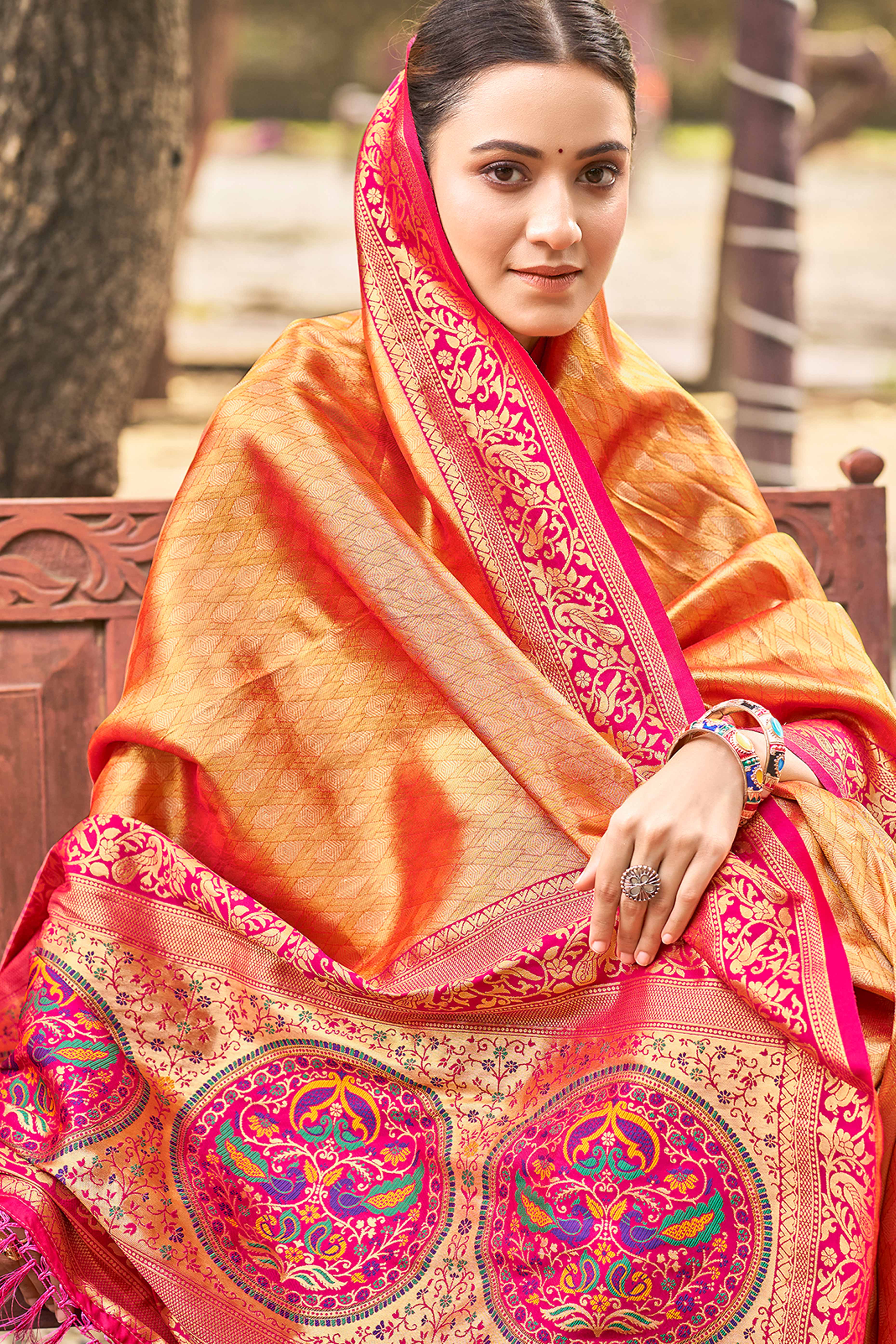 Orange Floral Woven Paithani Saree In Kanjivaram Silk With Graceful Tassel Pallu - Image 3