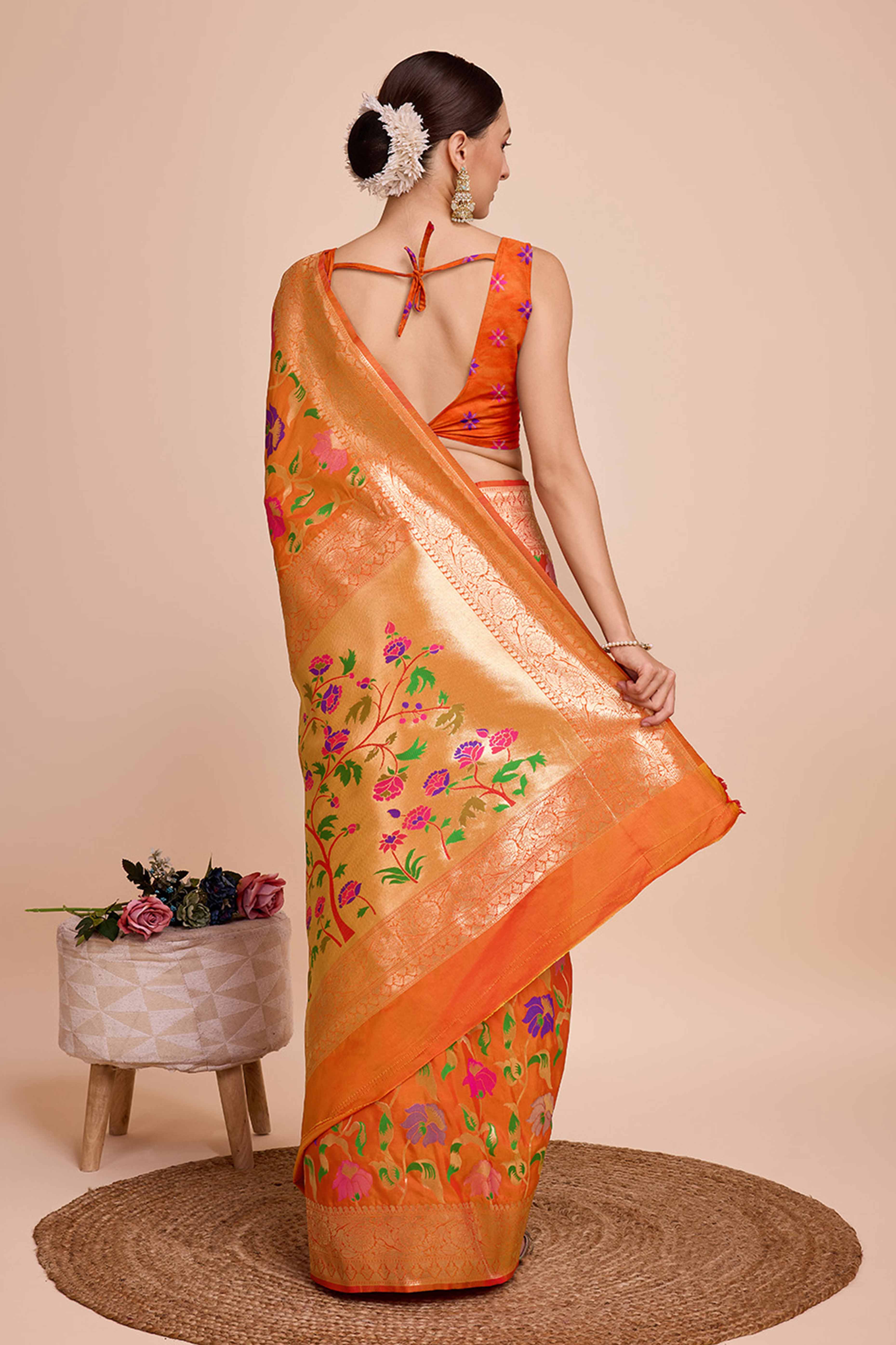 Orange Floral Zari Weaving Pure Silk Paithani Saree - Image 5